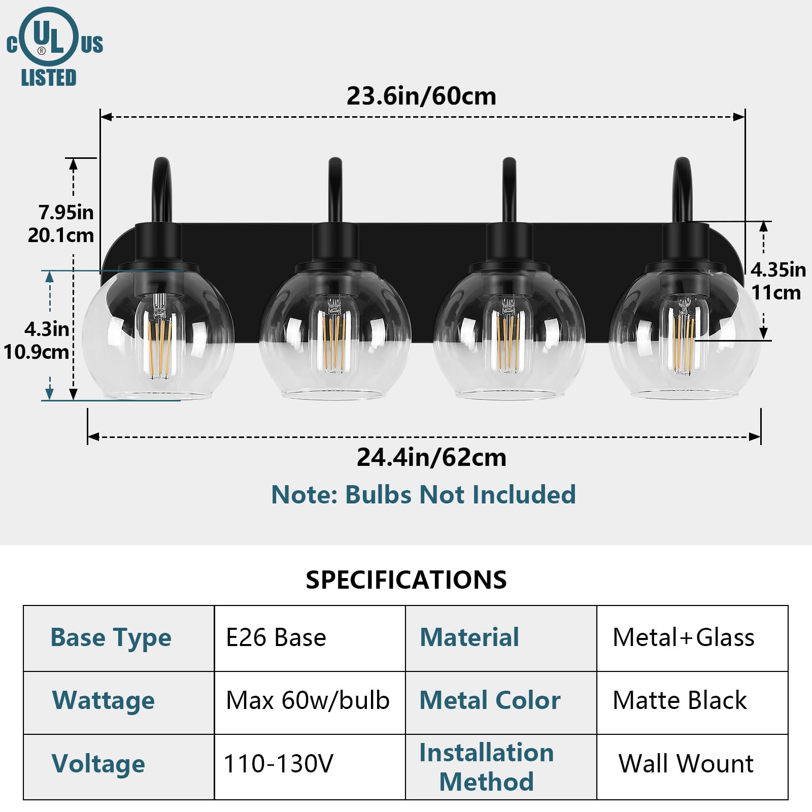 Industrial Bathroom Vanity Light， 4-Light Bathroom Lights Over Mirror with Clear Glass Globe Shade and Metal Base, Matte Black Bathroom Vanity Light Fixture