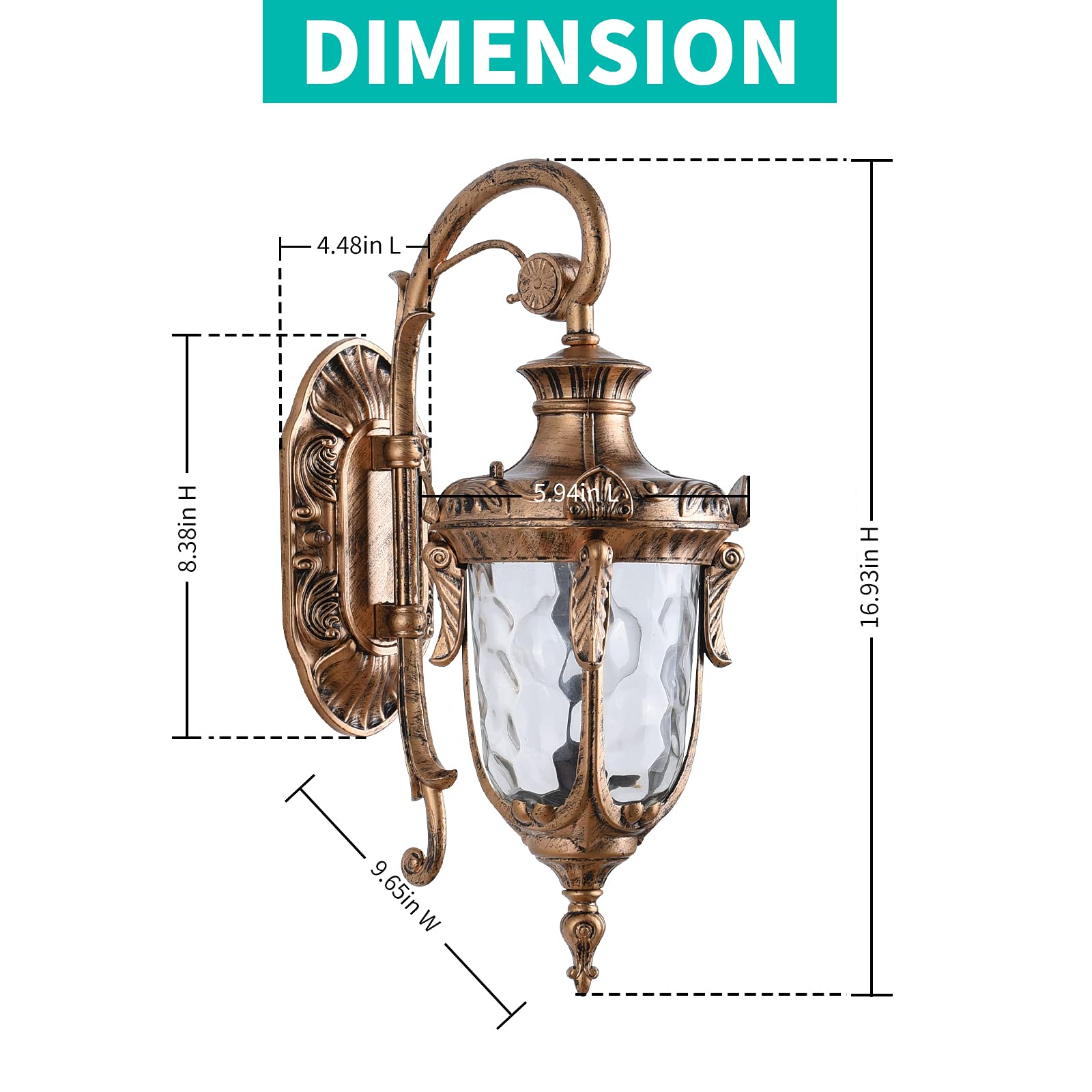 LONEDRUID Outdoor Wall Light Fixtures Bronze 16.93”H Exterior Wall Lantern Waterproof Sconce Porch Lights Wall Mount with Hammered Glass Shade for House