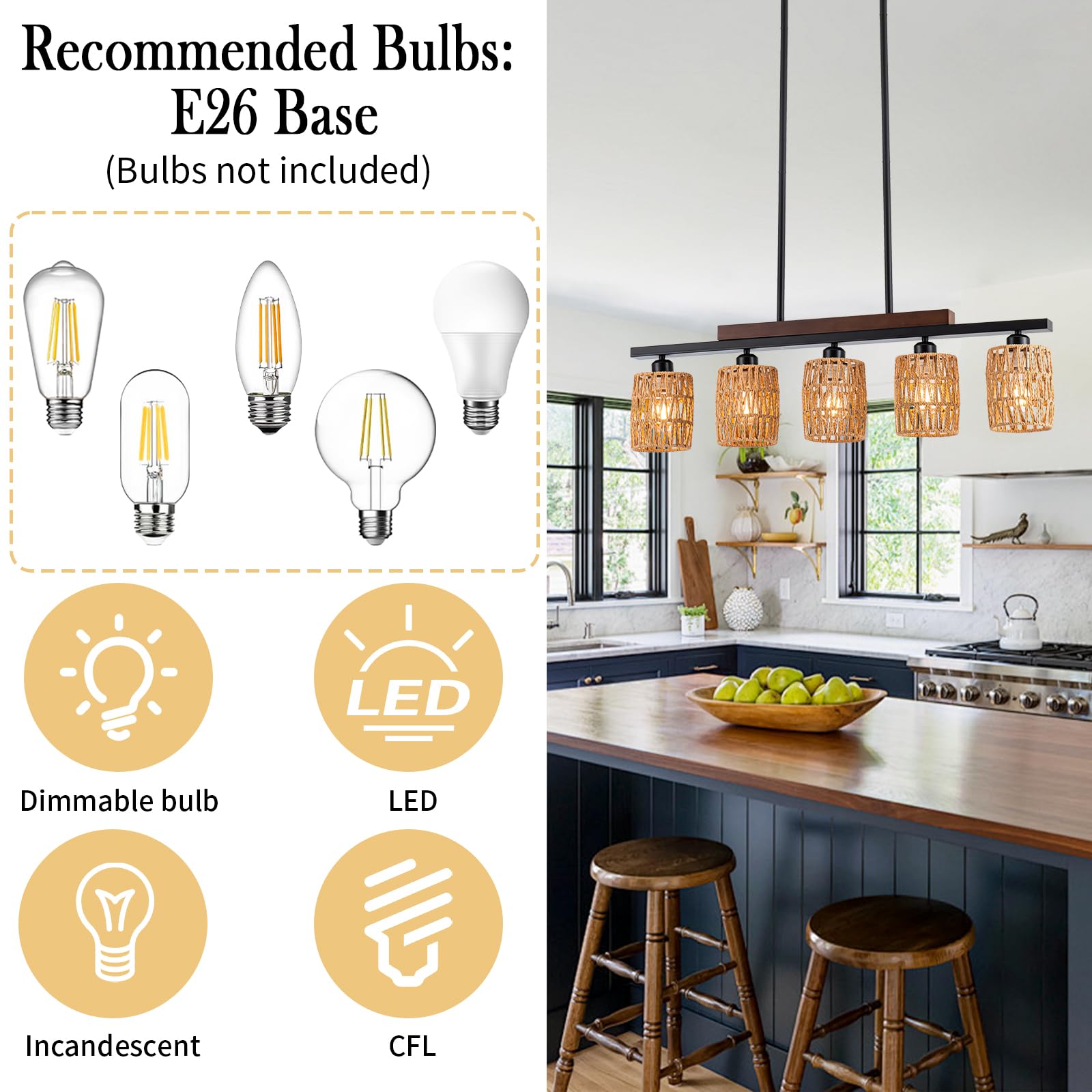 Rattan Kitchen Island Light Fixture, 5 Lights Boho Rectangle Pendant Lights for Dining Room, Farmhouse Chandeliers Over Table, Modern Ceiling Hanging Kitchen Light Fixtures, Height Adjustable