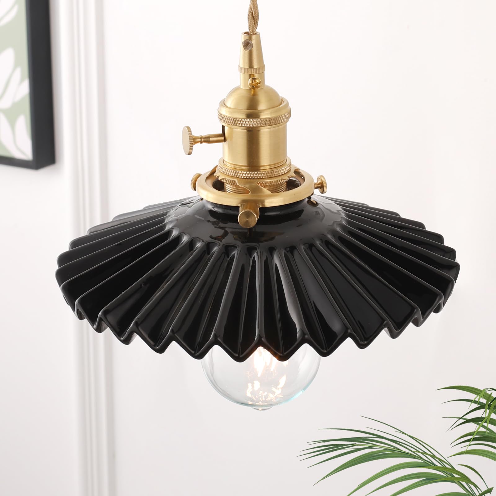 Pendant Light with White Pleated Ceramic Lmapshade, Brass Vintage Pendant Light Adjustable Hanging Light for Kitchen Island Dining Room Hallway 7.87 Inch Diam