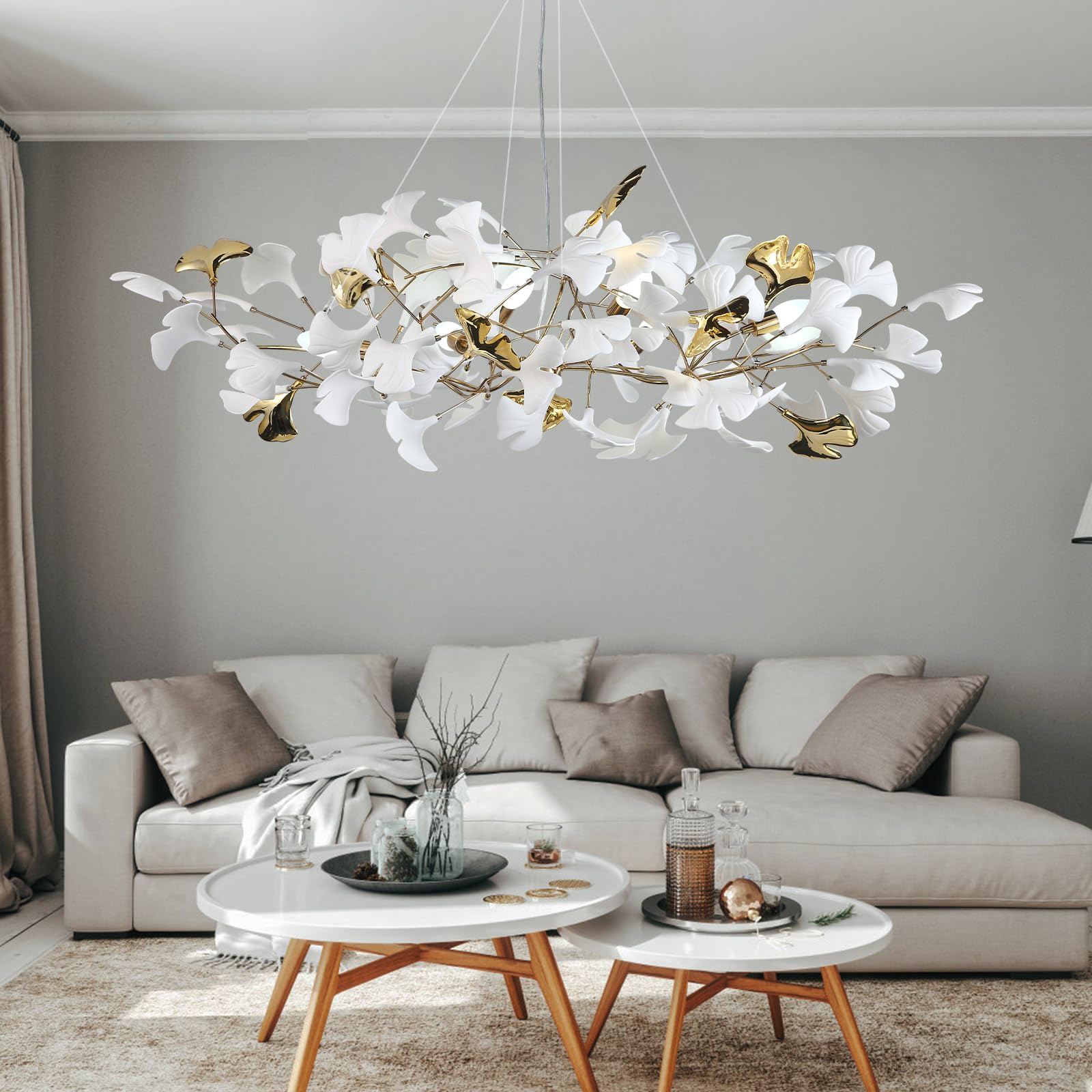 59 Inch White Rectangle Chandelier Ceramic Ginkgo Leaf Chandeliers Brass Large Chandeliers Modern Art Deco Chandelier for Dining Room Living Room,10-Light