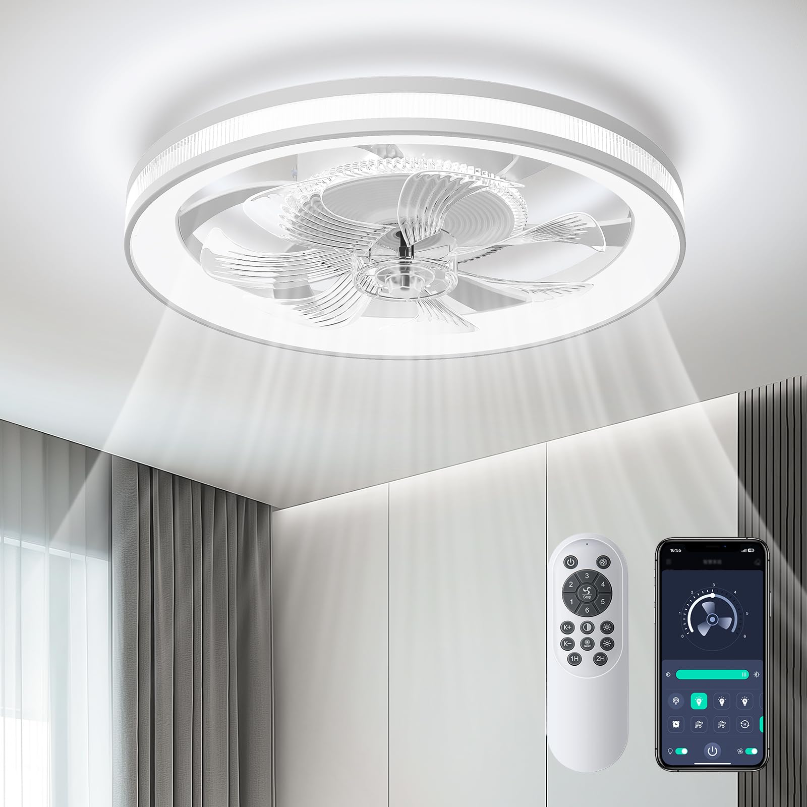 Modern Ceiling Fans with Lights: 19" Low Profile Ceiling Fan for Bedroom with Quiet DC Motor-Flush Mount Ceiling Fan with Remote Control Dimmable Bladeless Ceiling Fans for Indoor/Living Room