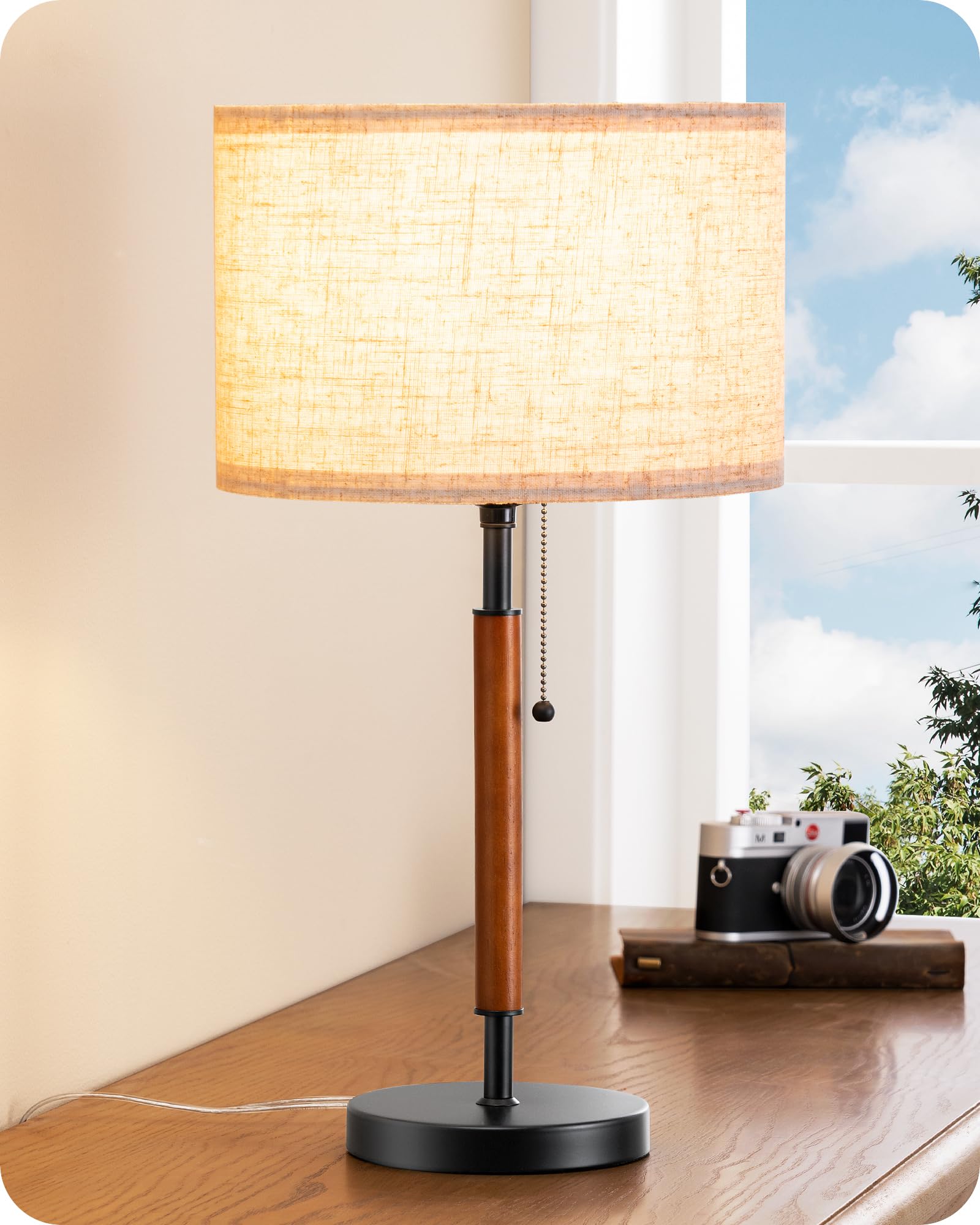 Mid Century Table Lamp, Bedside Lamp with Pull Chain Switch, Solid Wood & Metal Pole, Modern Nightstand Table Lamp for Living Room, Bedroom, Office, Frosted Bronze & Wood Finish