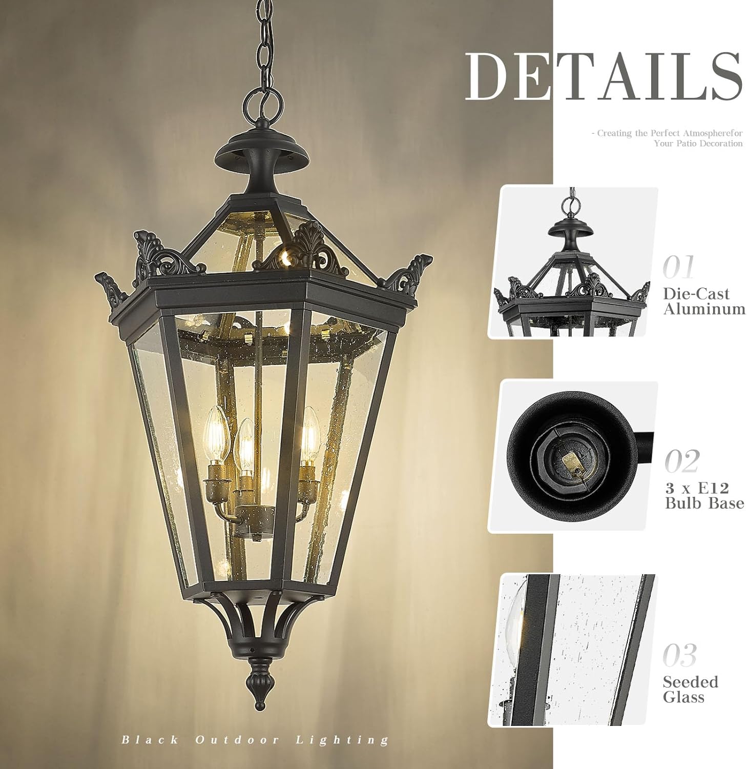 32 Inch Outdoor Front Door Hanging Light, Farmhouse Exterior Pendant Lantern Waterproof Ceiling Mount with Seeded Glass, Black Finish, XE283H BK