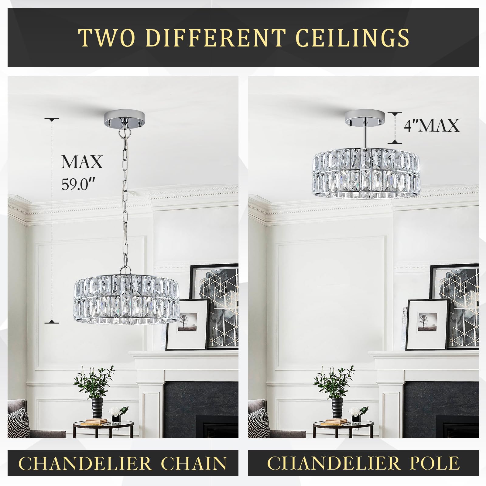 Gold Crystal Chandeliers, Modern Semi Flush Mount Chandelier 4-Ligh Drum Crystal Ceiling Pendant Light Fixture 12” for Foyer Entryway Kitchen Hallway Dining Room