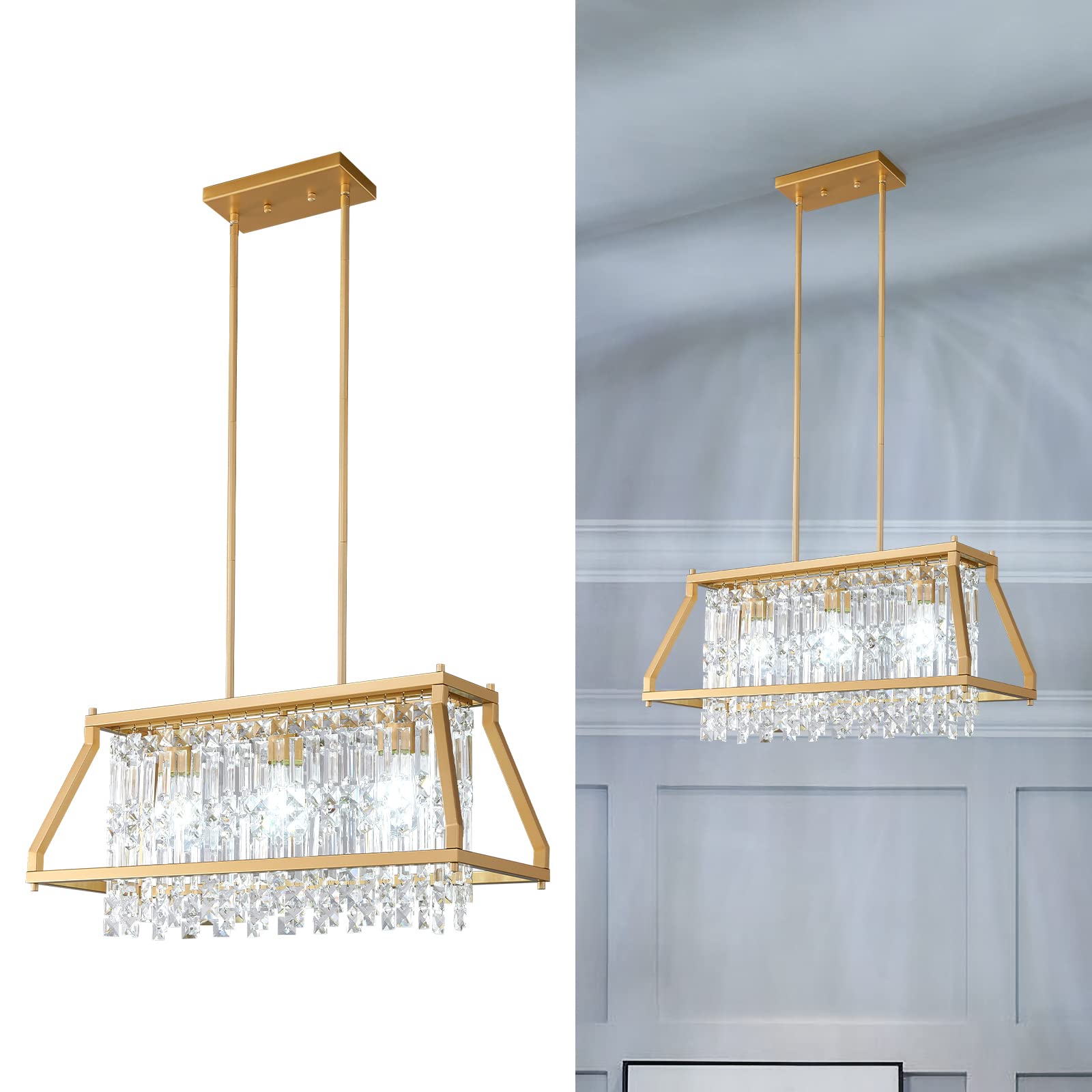 4-Light Dining Room Light Fixture 11.81 inch Square Lndustrial Farmhouse Chandelier Gold Metal Crystal Pendant Light for Kitchen Island Dining Room Living Room Flat and Inclined Ceiling