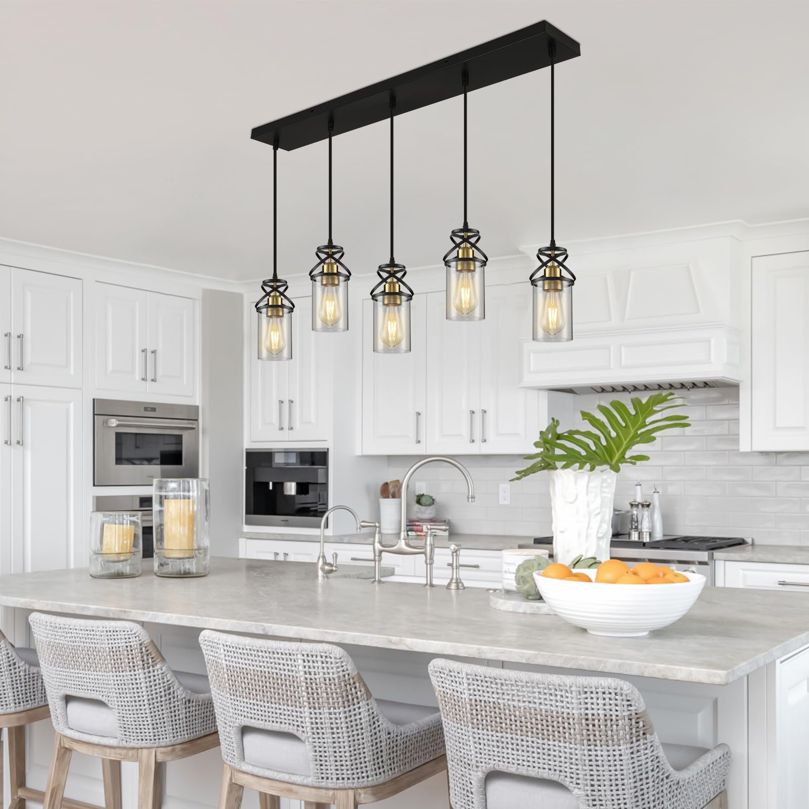 Modern Pendant Light Fixture Farmhouse Hanging Light with Clear Glass Shade, Industrial Black and Gold Pendant Lighting for Kitchen Island Dining Room Bedroom