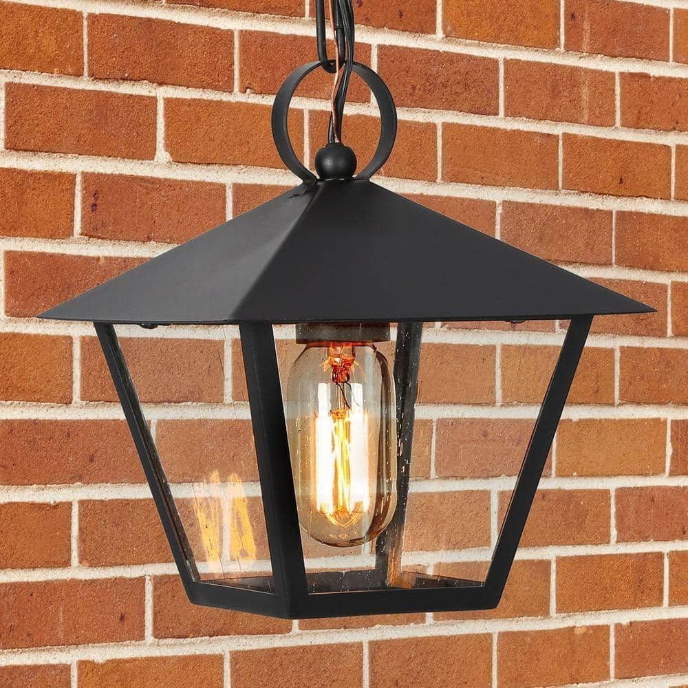 Outdoor Pendant Light for Porch, Black Outdoor Pendant Hanging Light with Seeded Glass Waterproof Exterior Light Fixture for House, Patio, Yard