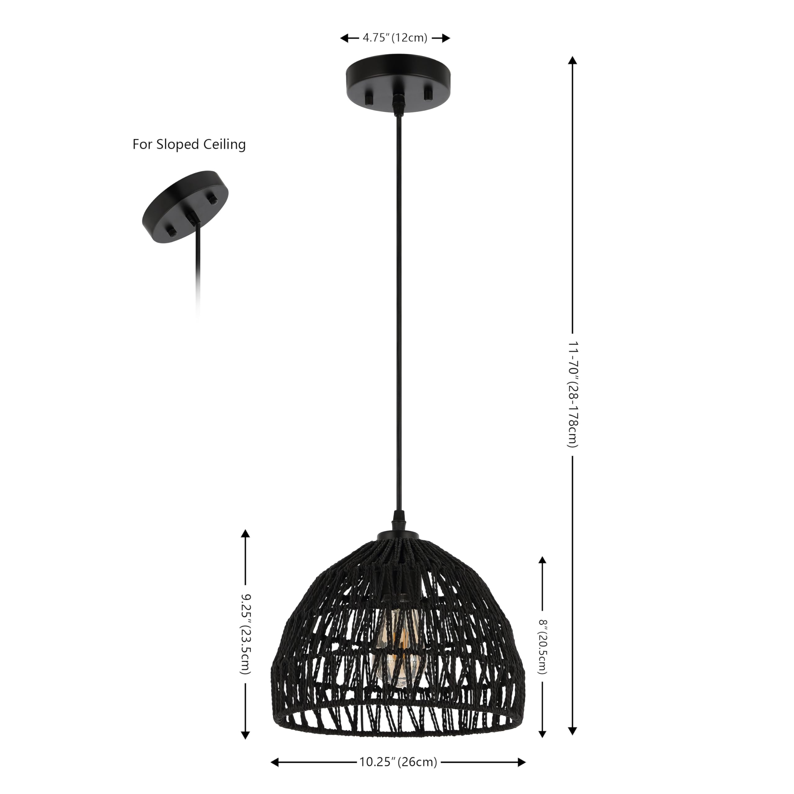 20" 1-Light Bohemian Modern Woven Rattan/Iron LED Pendant Farmhouse Coastal Adjustable Dining Room Living Room Kitchen Island Foyer Bedroom Hallway, Black