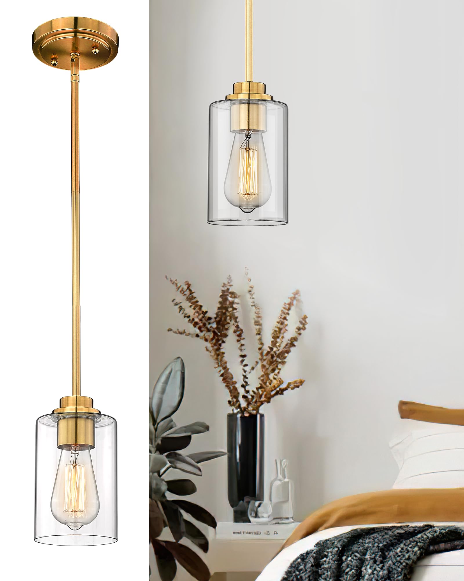 Brass Pendant Lights Kitchen Island 2 Pack, Farmhouse Gold Pendant Light with Clear Glass Globe Shade, Kitchen Island Lighting for Dining Room Entryway, AD-22280-1P2-GD-C