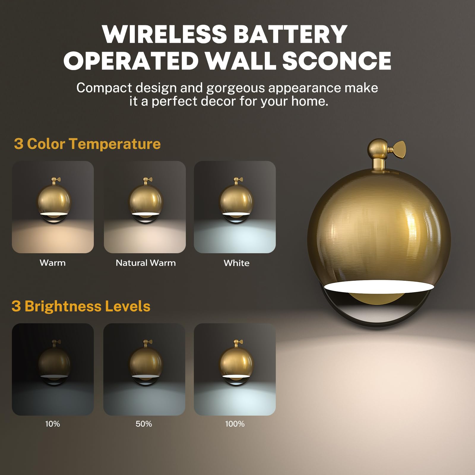 Wall Sconces Battery Operated, Gold Wall Sconce Battery Operated with Remote Set of 2, Not Hardwired Dimmable Battery Wall Sconce, Wireless Wall Lamp/Light for Bedroom, LED Bulb Included