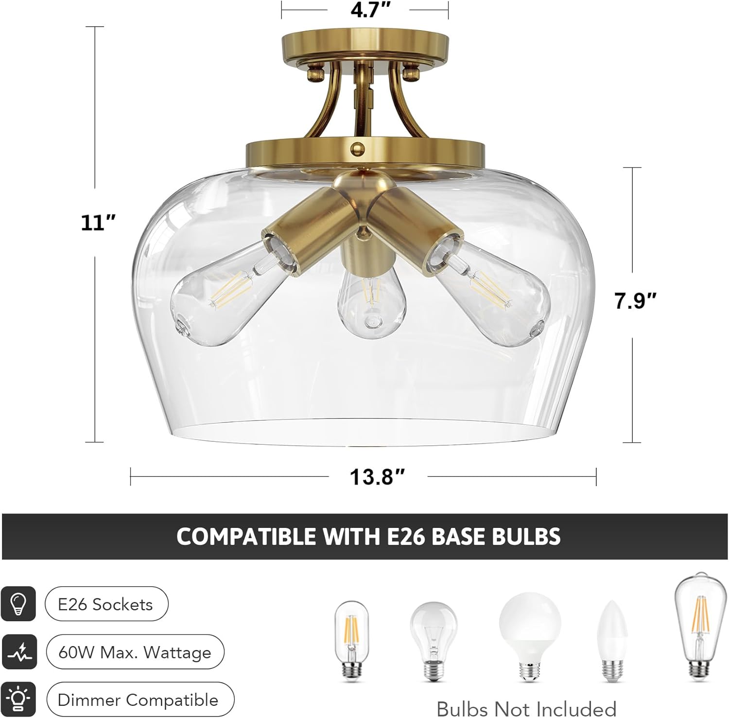 Semi Flush Mount Ceiling Light, 3-Bulb Gold Ceiling Light Fixture with Clear Glass Shade, 13.8" Industrial Ceiling Light Fixture for Hallway Foyer Kitchen Entryway Bedroom, E26 Base