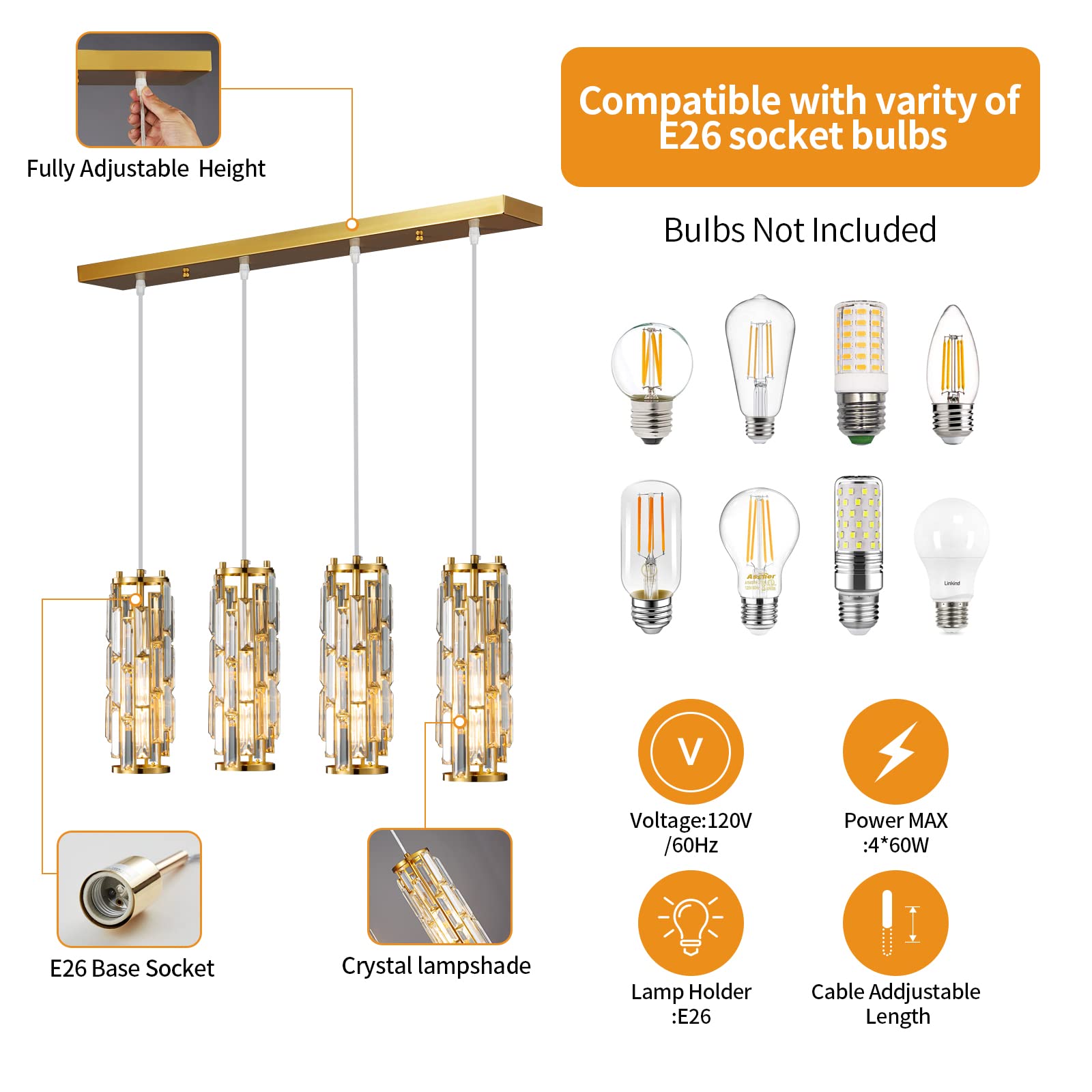 LMQNINE Pendant Lighting Modern Pendant Light, Mini Crystal Chandeliers,Adjustable Pendant Light Fixture for Kitchen Island Dinning Room Bedroom (Gold, 3-Light)