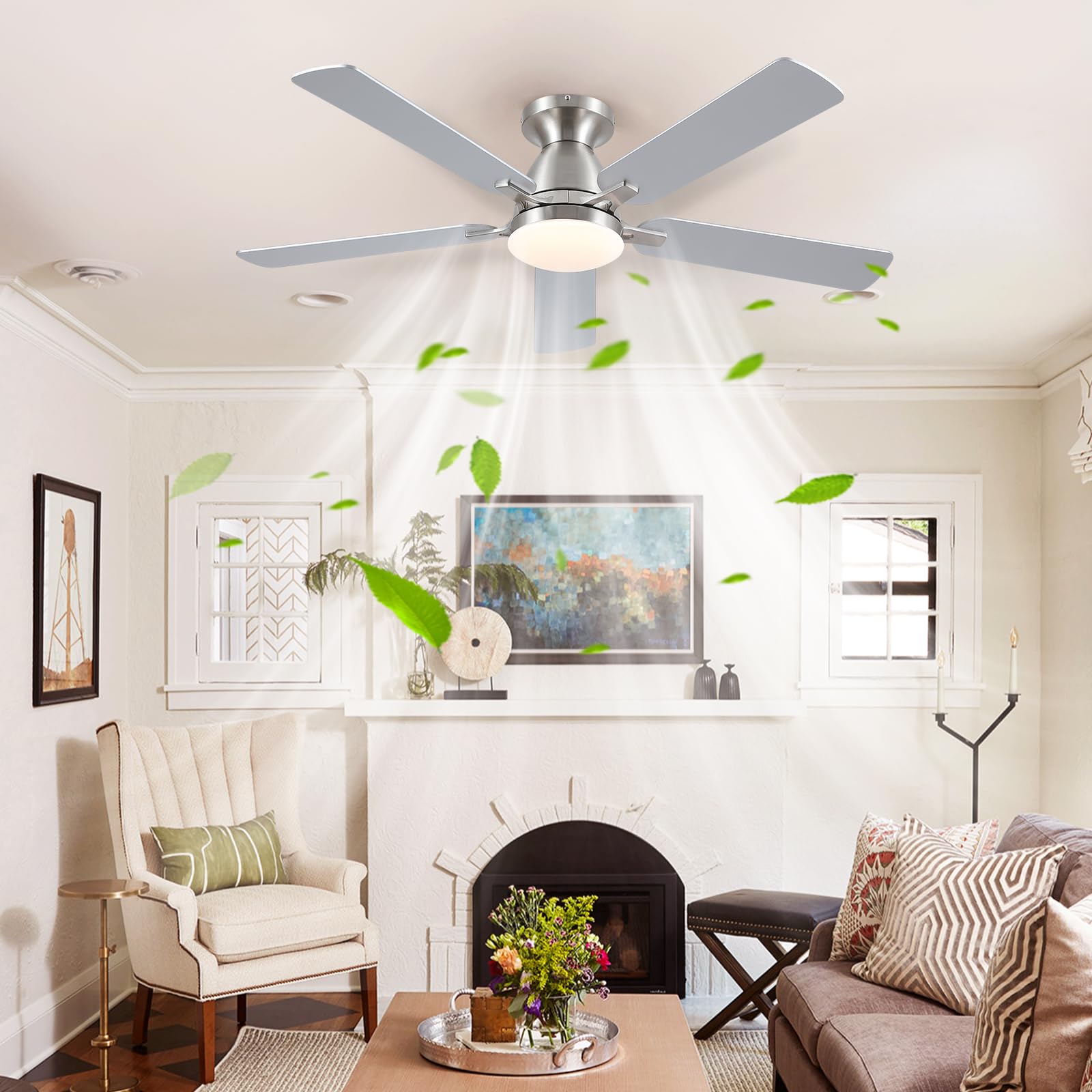 Ceiling Fans with Lights- 46"Low Profile Indoor Ceiling Fan with Light and Remote/APP Control, Flush Mount, LED Dimmable DC Reversible Modern Ceiling Fan for Bedroom（Black）