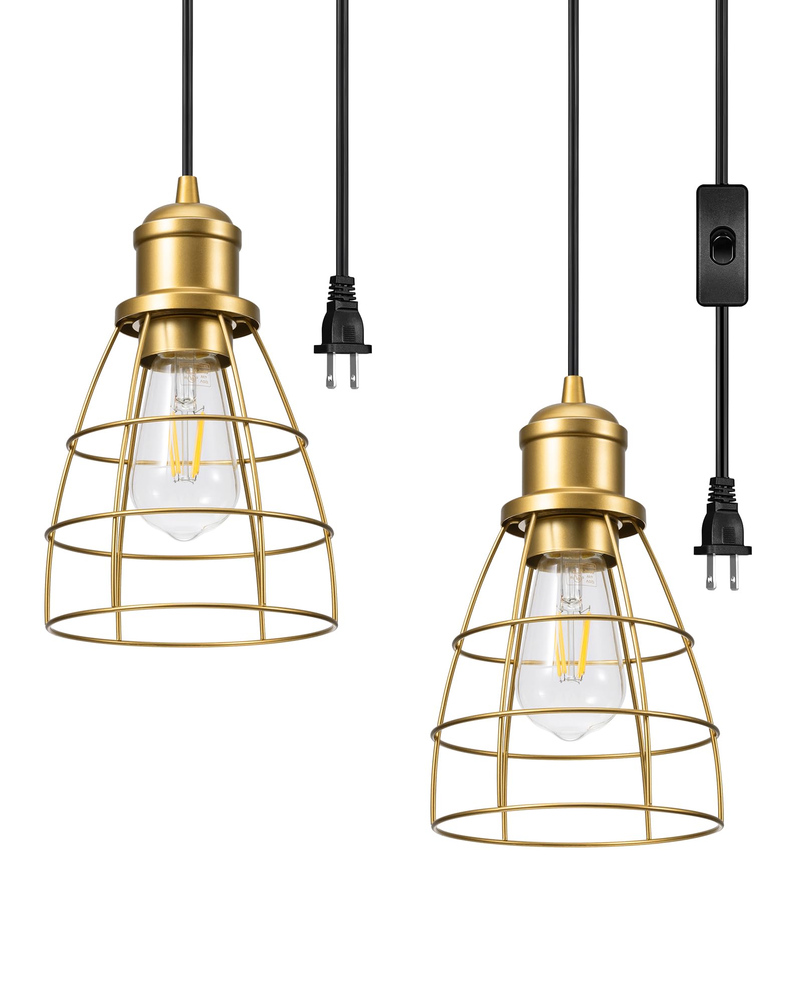 Plug in Pendant Light, Industrial Pendant Light Fixture, Farmhouse Pendant Lighting for Bedroom Kitchen Island Dining Room, 2 Pack, UL Listed