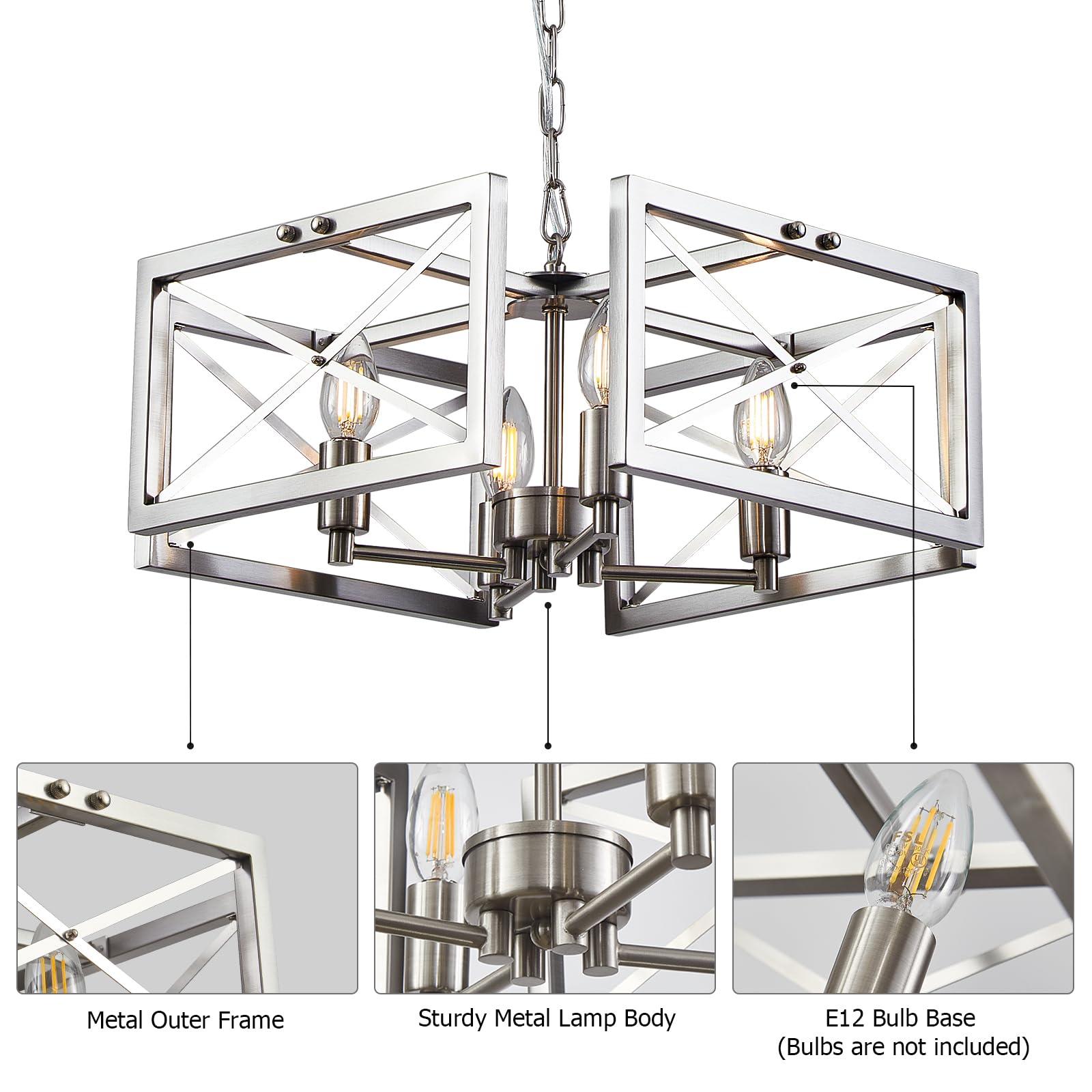 Brushed Nickel Modern Farmhouse Chandelier 6 Light Chandeliers for Dining Room Hanging Light Fixture with Clear Glass Shade, Bedroom Ceiling Light Fixture for Living Room Kitchen Hallway Foyer