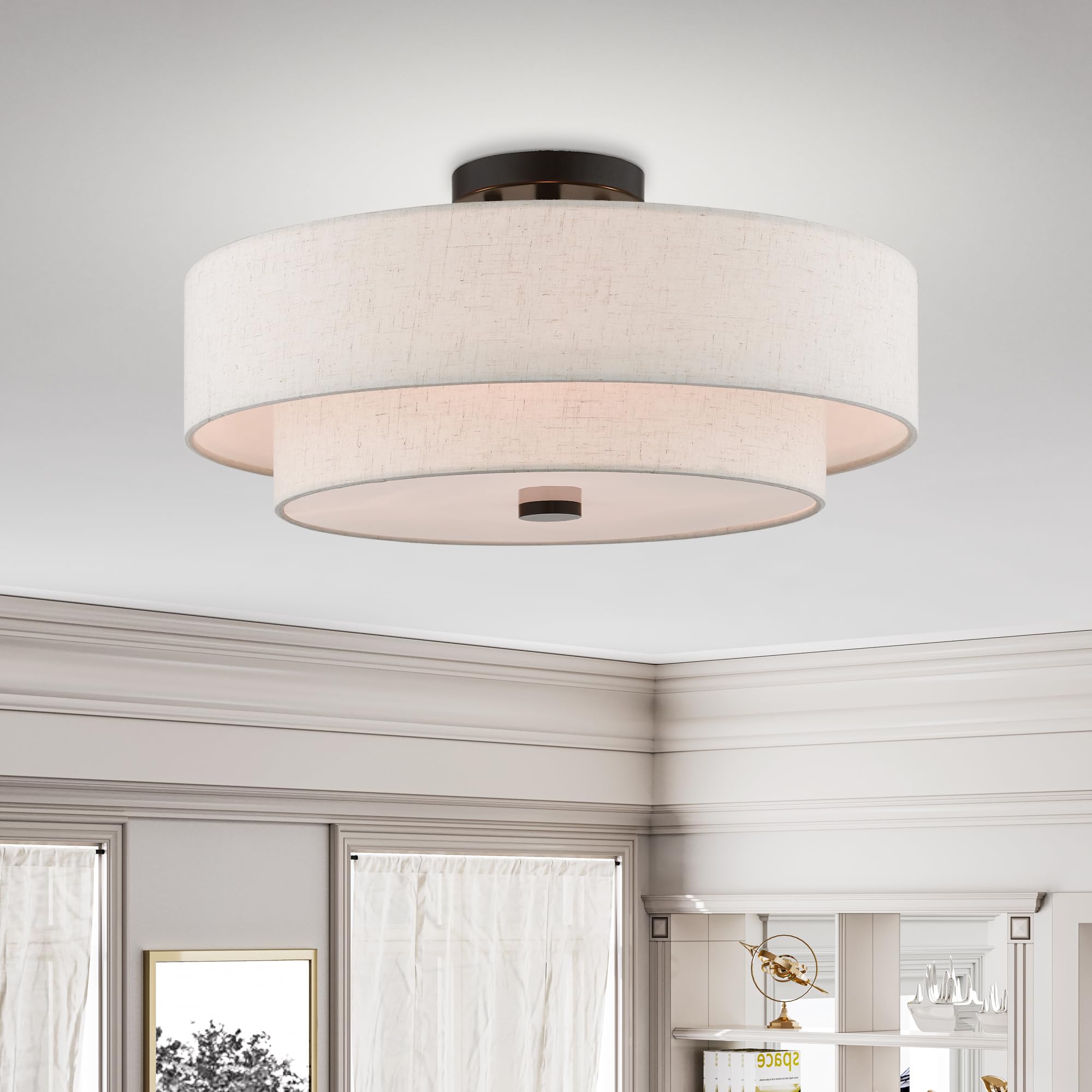 Lighting 51085-92 4-Light Semi Flush Mount Ceiling Fixture with Oatmeal Color Fabric Hardback Drum Shade and Satin White Diffuser, English Bronze