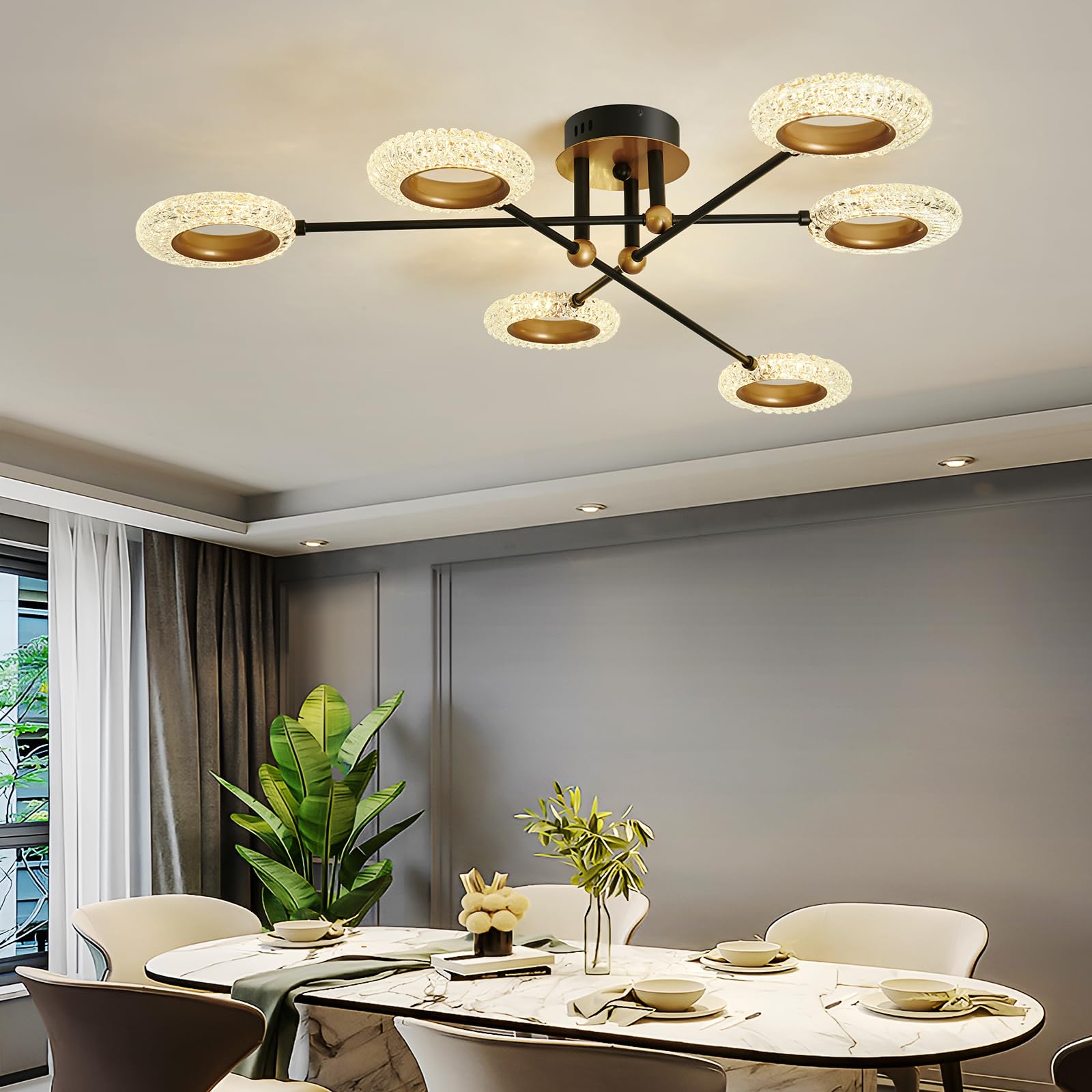 6 Lights Sputnik Semi Flush Mount Ceiling Light Matte Black Modern Edison Chandelier Industrial Close to Ceiling Light for Farmhouse Dining Room Kitchen Bedroom Living Room Study