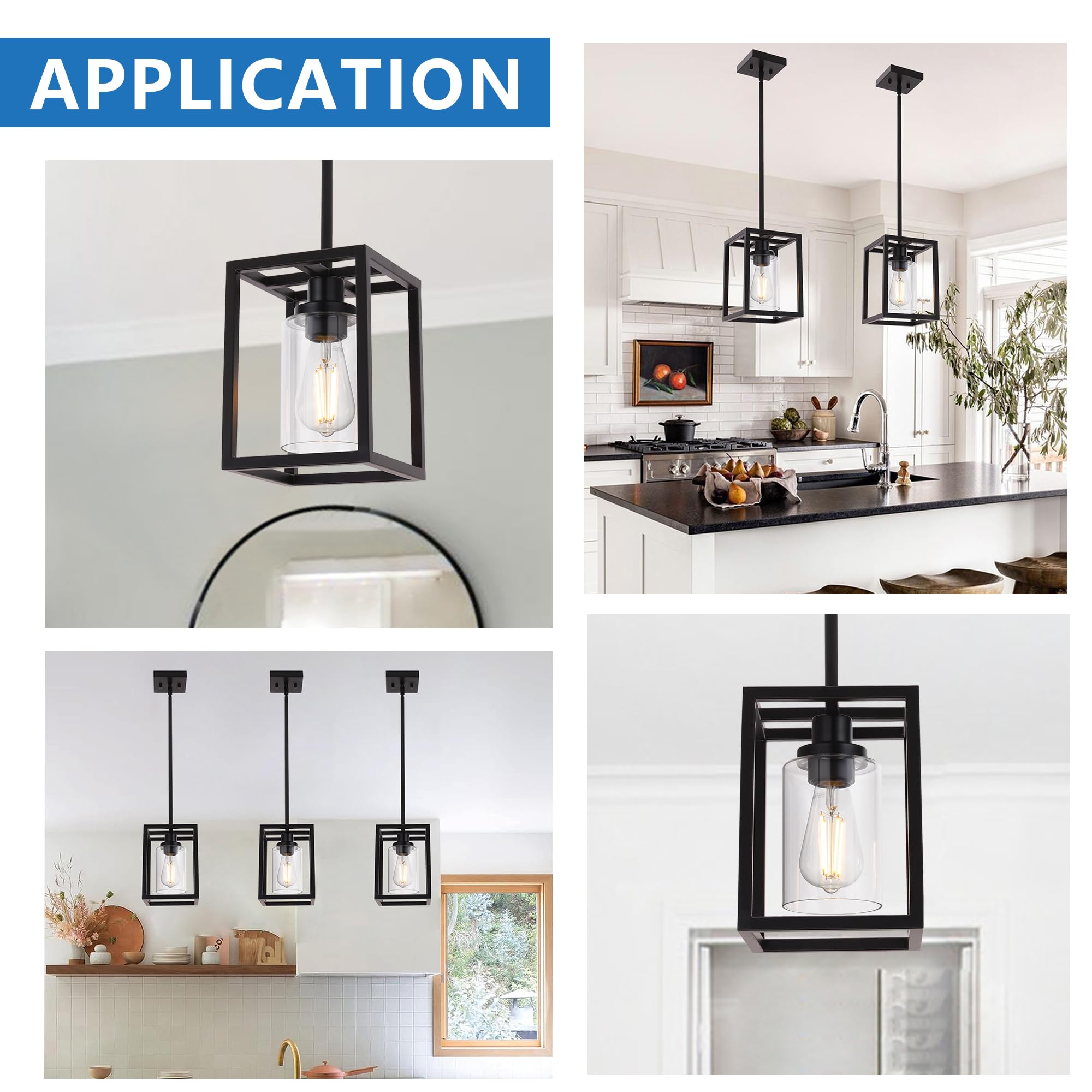 MELUCEE Black Chandeliers Rectangle 5 Lights Dining Room Lighting Fixtures Hanging Over Table, Kitchen Island Lighting Linear Pendant Light Ceiling with Clear Glass Shade and Brushed Brass Socket