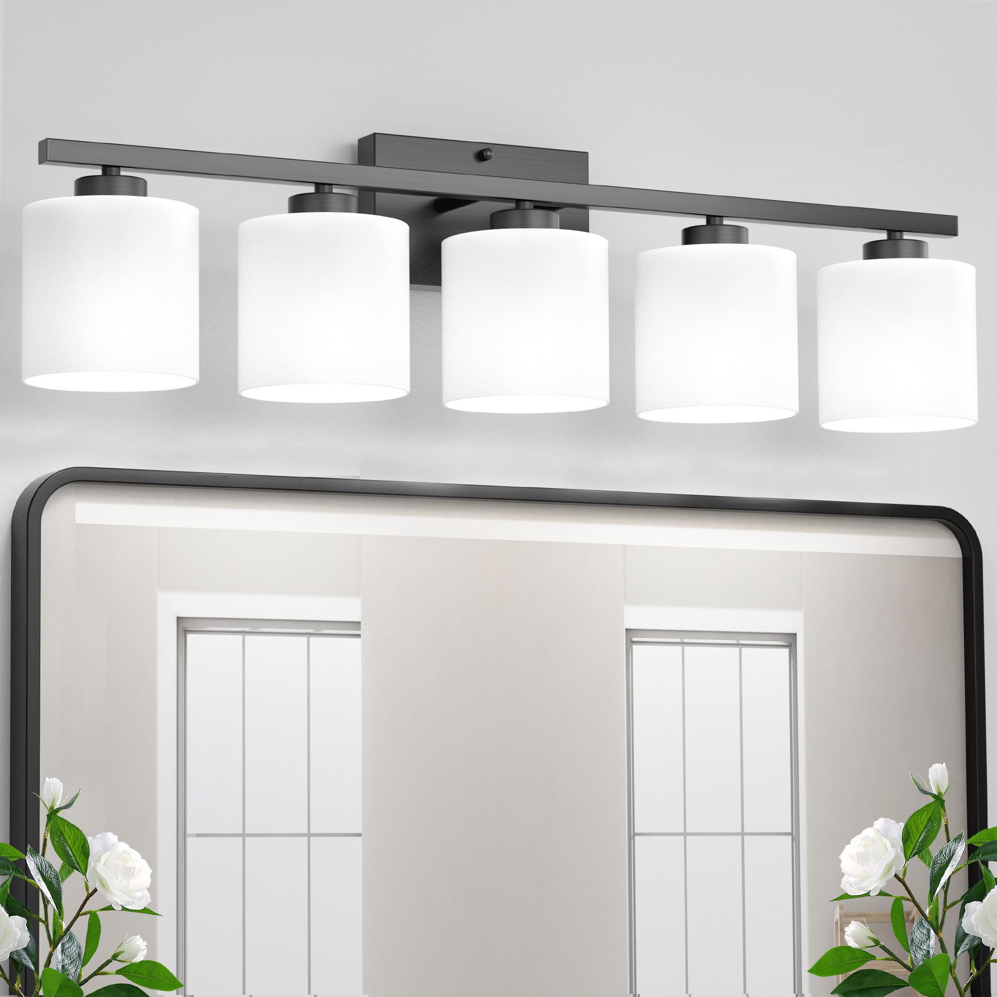 Honesorn Bathroom Light Fixtures 4-Light, Matte Black Bathroom Vanity Light Over Mirror, Modern Vanity Lights for Bathroom with Frosted Shade & Anti-Rust Nickel Finished, E26 Base Vanity Lighting