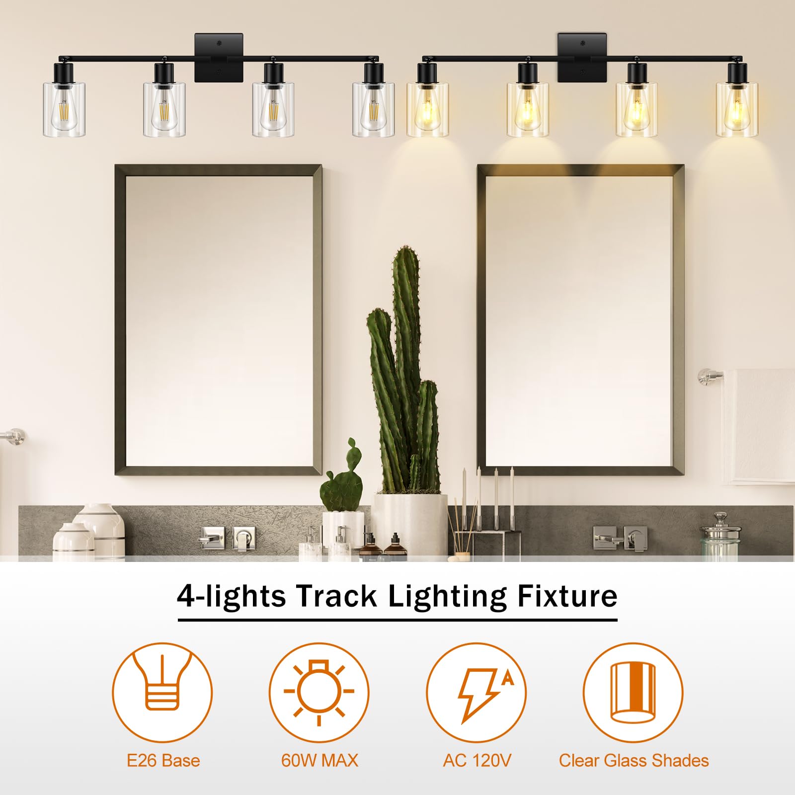 4-Light Track Lighting Fixtures with Clear Glass Shade, Modern Kitchen Lighting Fixtures Ceiling, Rotatable Track Head, Wall Mount Track Light for Bedside Vanity Hallway Bedroom, Matte Black