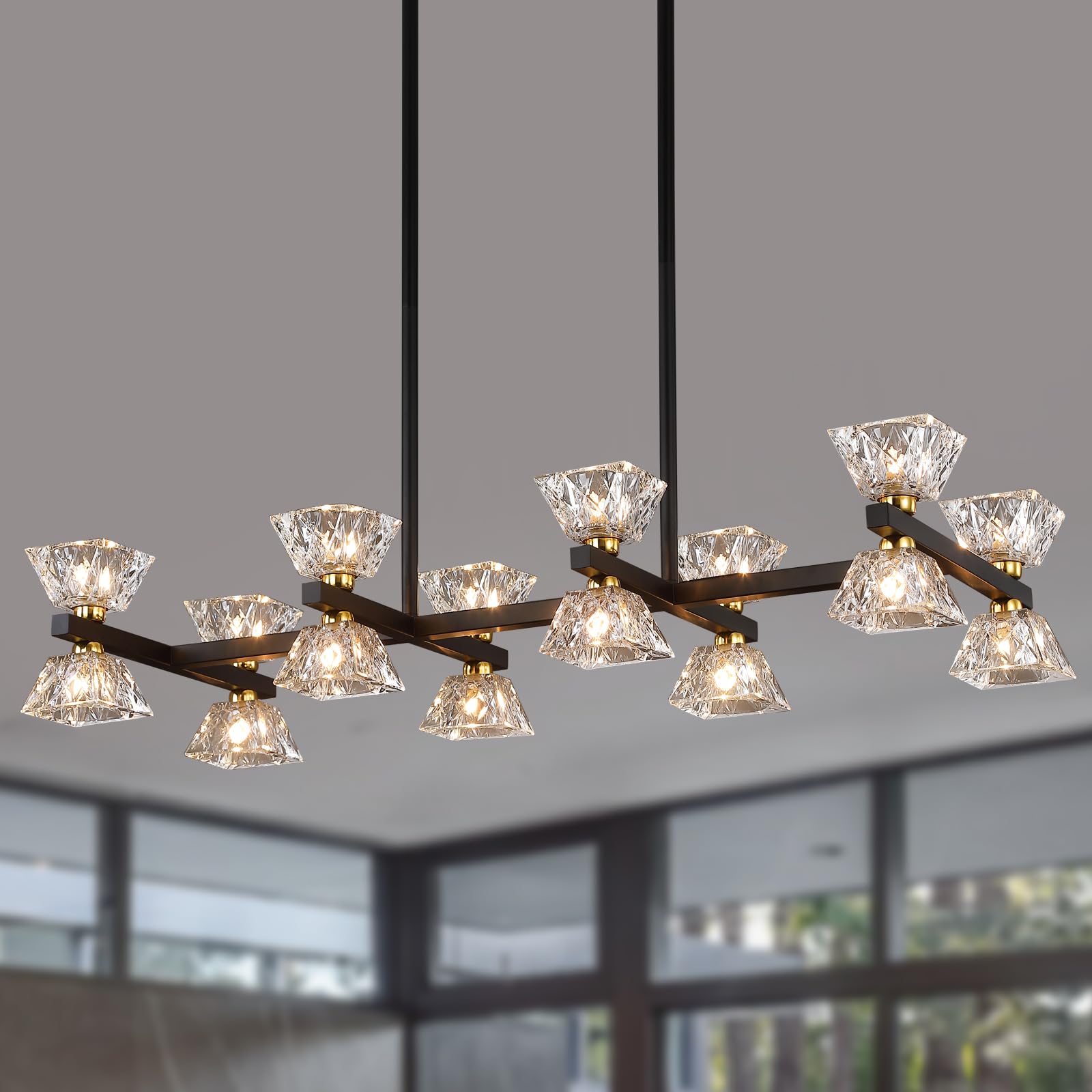 Black Modern Crystal Chandeliers,Farmhouse Rectangle 16-Light Dining Room Light Fixtures for Kitchen Island Bar Living Room UL Listed 𝐋𝟑𝟓.𝟓"