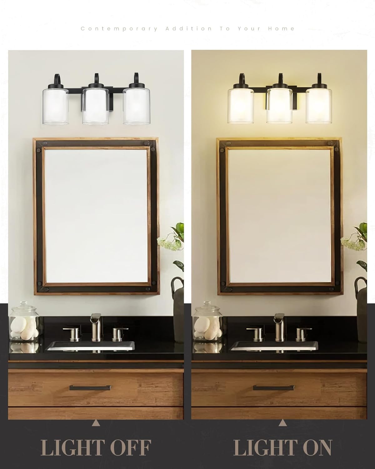 3-Light Bathroom Vanity Light, Brushed Nickel Vanity Light Over Mirror, Farmhouse Wall Sconces with Dual Glass Shade, Modern Wall Lamp for Bathroom Hallway Living Room