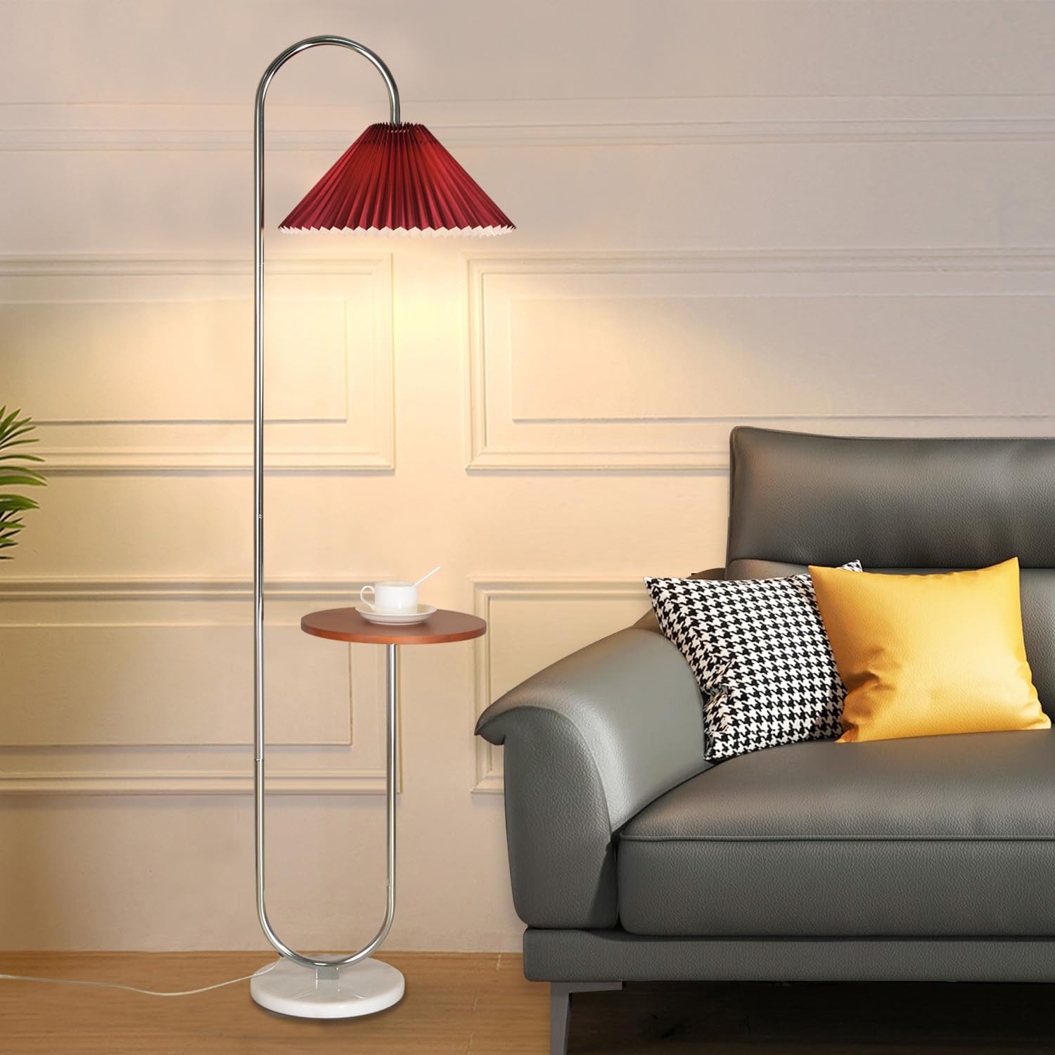 Modern Elegant with Tray Floor Lamp for Office Cafe Den Living Room Bedroom, Foot Switch and Brass/Gold Finish,Light Yellow Pleated Cloth Lampshade