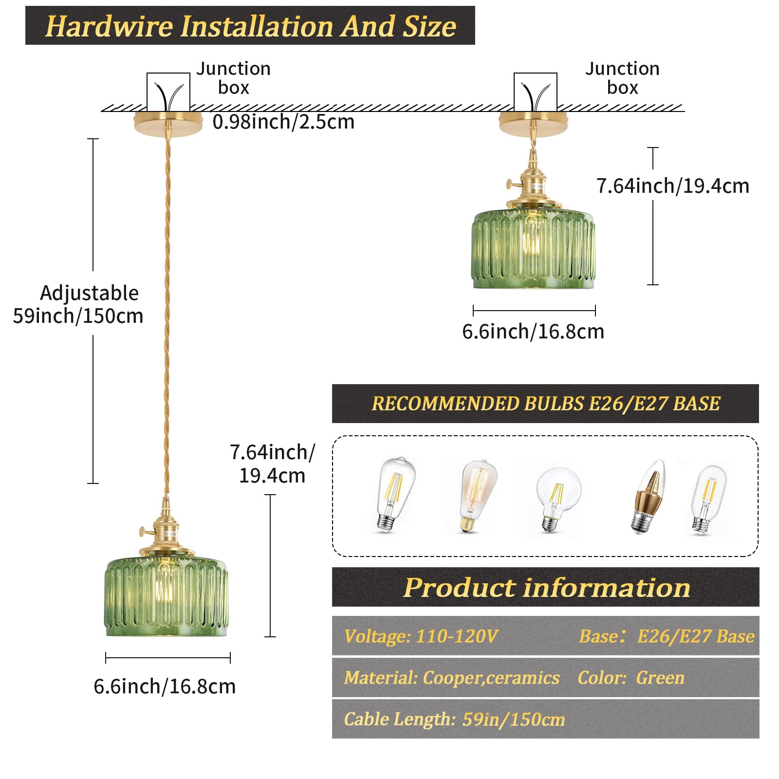 Pendant Light with White Pleated Ceramic Lmapshade, Brass Vintage Pendant Light Adjustable Hanging Light for Kitchen Island Dining Room Hallway 7.87 Inch Diam