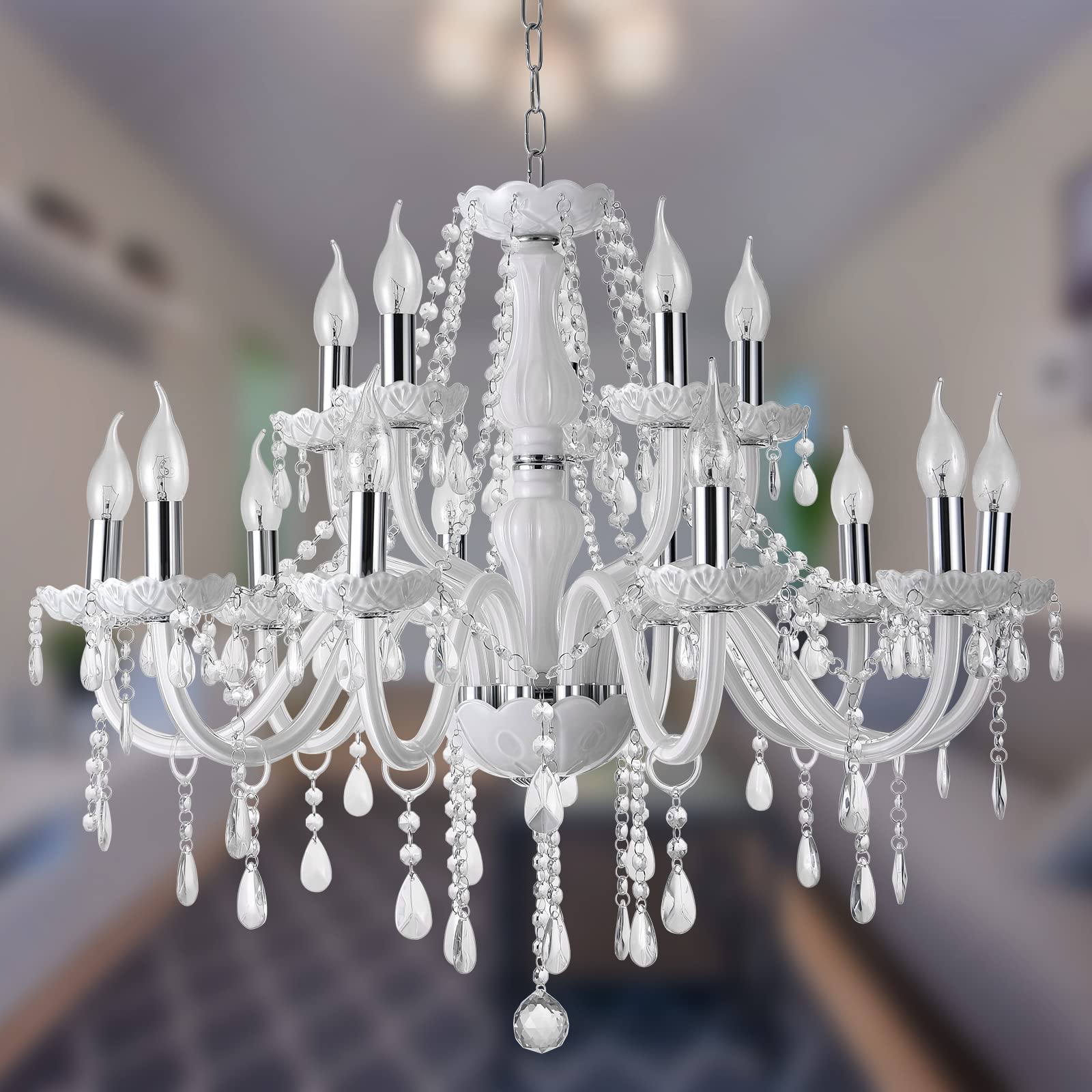 White Crystal Chandelier, 15-Light Crystal for Chandelier Elegant Raindrop Light Fixture Style Luxurious Candle Chandelier for Dining Room.