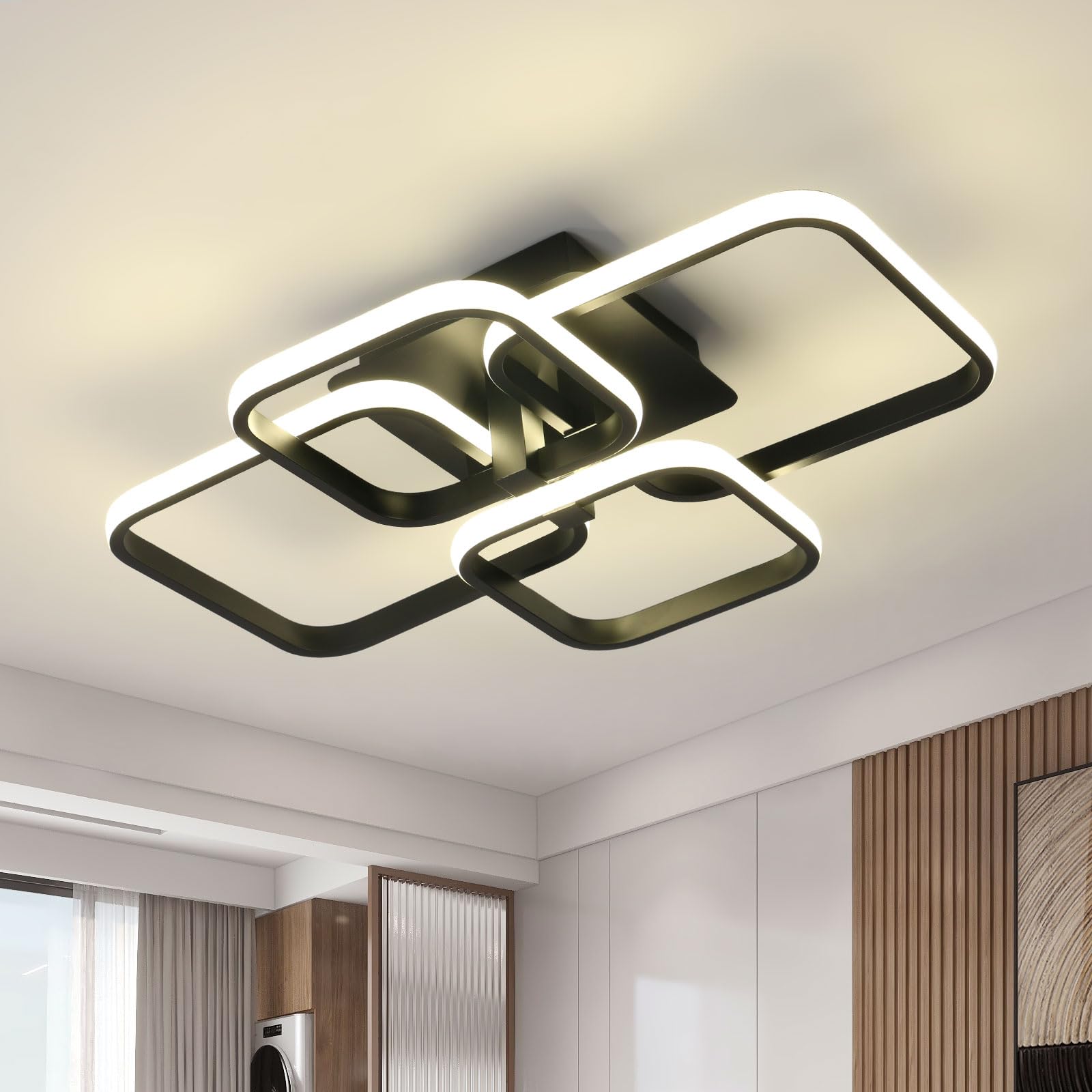 Modern LED Ceiling Light - 60W 4500K Black Semi Flush Mount Ceiling Light Fixtures, 4-Square Design Ceiling Lamp for Living Room, Kitchen, Bedroom, Dining Room