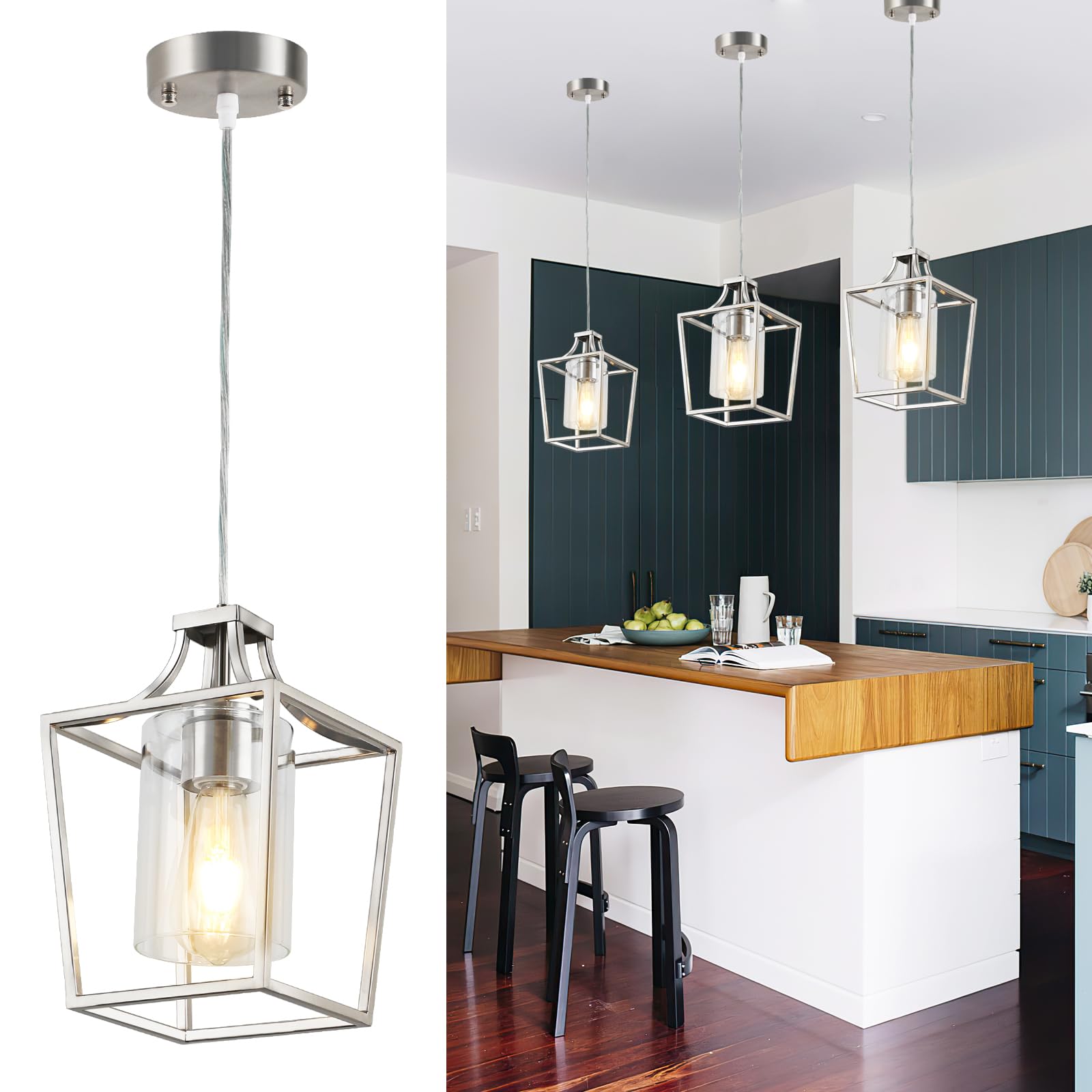 Farmhouse Kitchen Island Lighting Black Pendant Light Fixtures 4-Light Dining Room Lights Wood Chandelier Adjustable Hanging Pendant Lighting for Kitchen Island