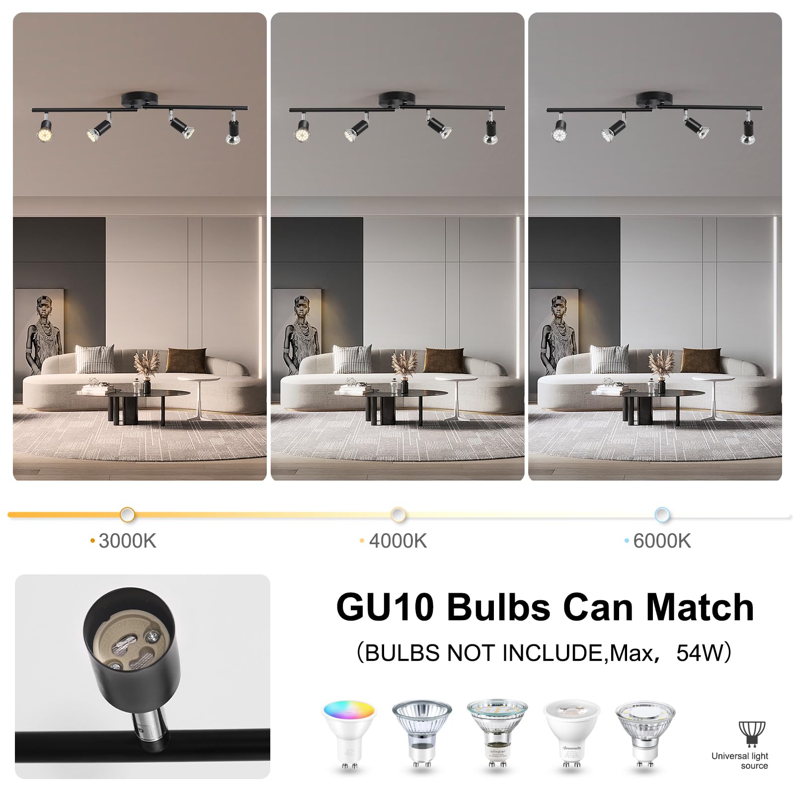 4 LED Light Matte Black Track Lighting Kit, Ceiling Spot Lighting with Adjustable Light Heads & Foldable Light Arms GU10 Socket (Bulbs Not Included)