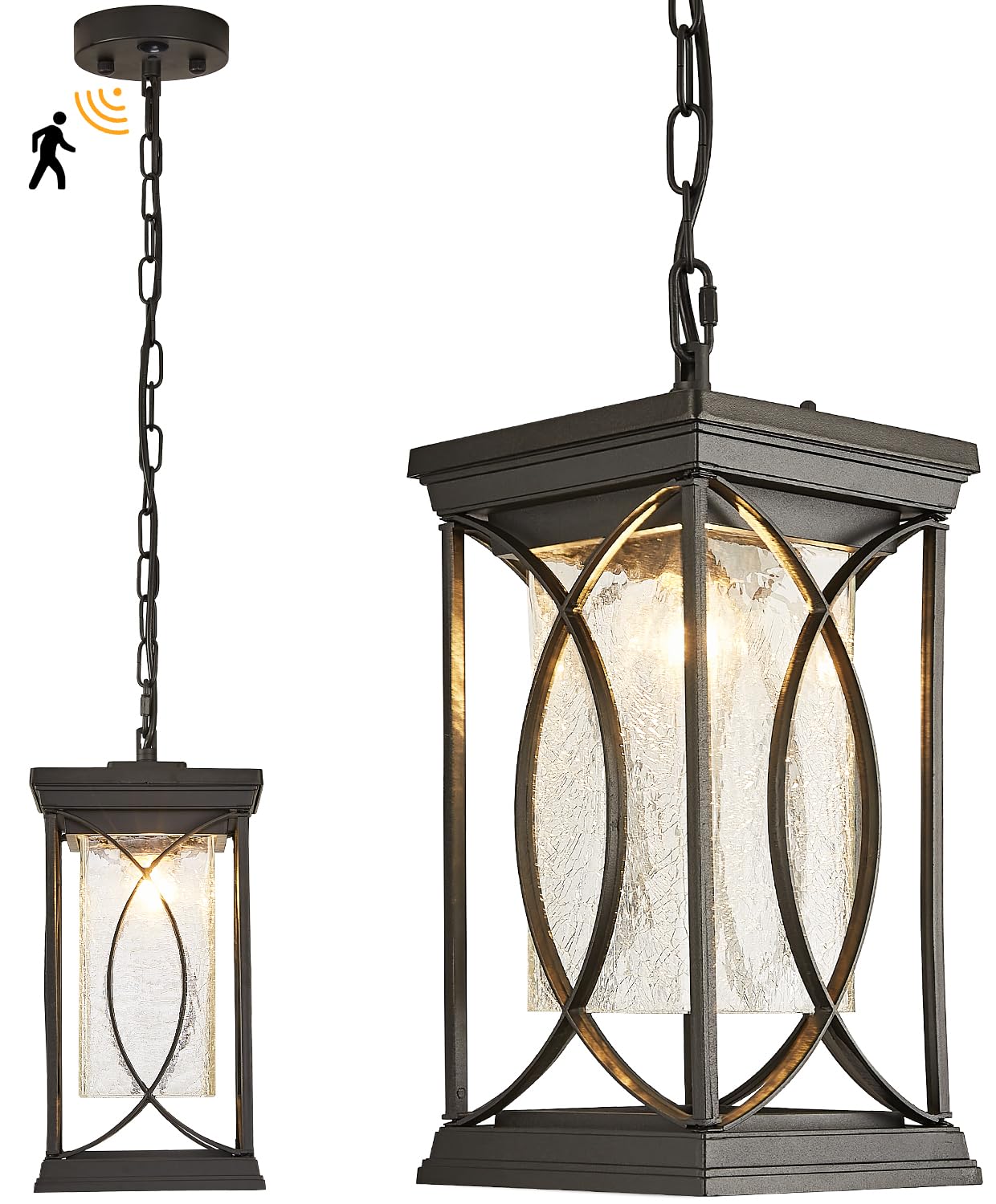 Outdoor Pendant Light Fixtures Dusk to Dawn Exterior Ceiling Hanging Lantern for Porch, Modern Black Outside Chandelier Light with Crack Glass for Front Door Porch Gazebo Foyer Entryway