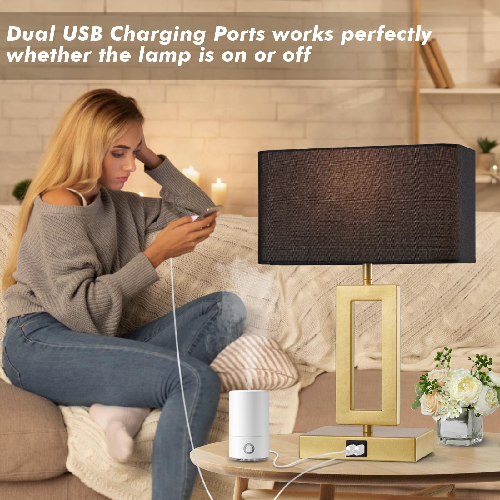 Silver Table Lamps Set of 2 with Dual USB Ports,3-Way Dimmable Touch Control Bedside Lamps,Modern Bedroom Table Lamp for Living Room,Nightstand LED Bulbs Included