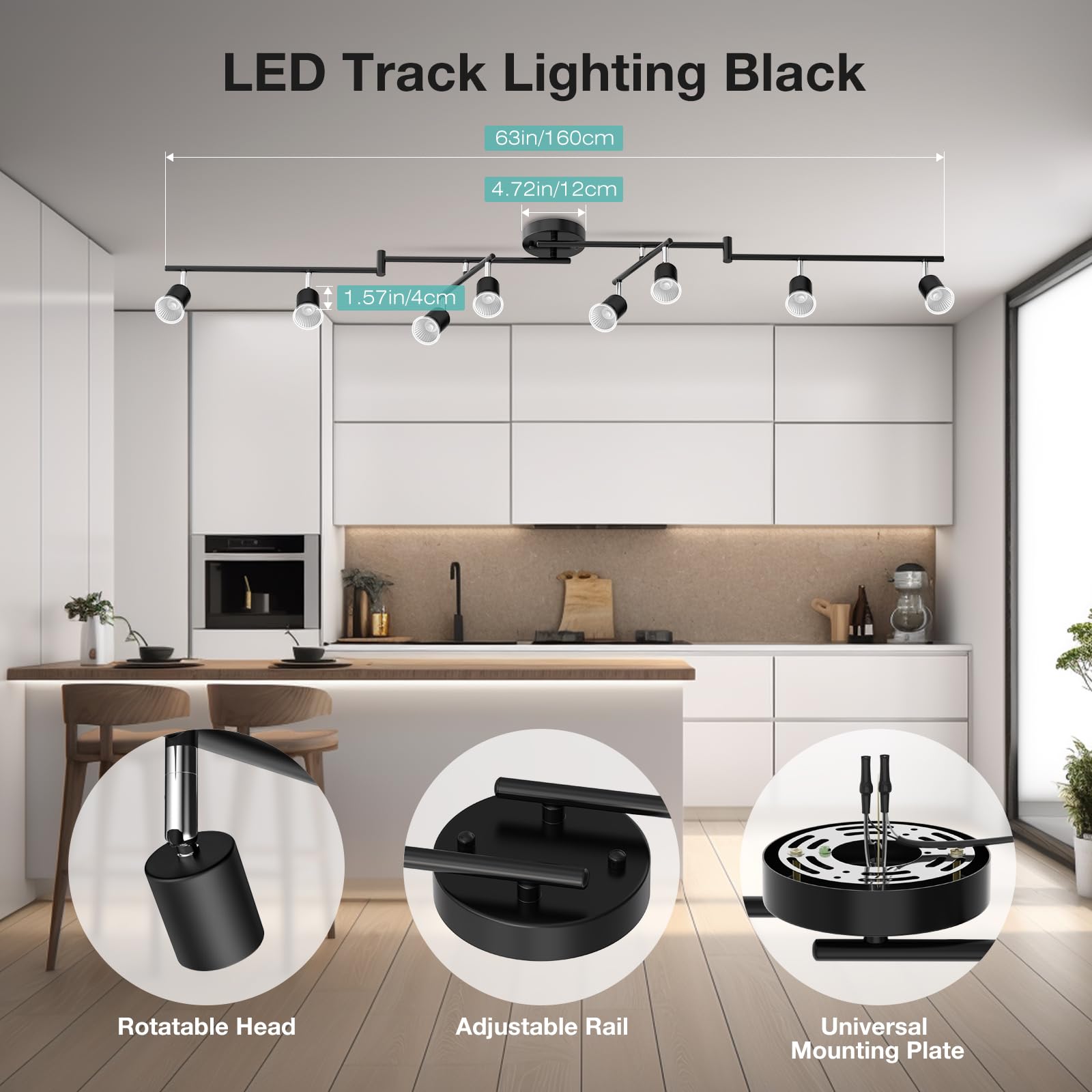 6-Light LED Track Lighting Kit, Ceiling Spotlight with Flexibly Rotatable Light Head, Modern Track Lighting fixtures for Kitchen, Bedroom, Living Room (GU10, Bulbs Not Included)