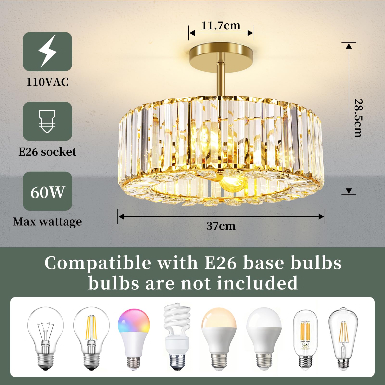 Semi Flush Mount Ceiling Light - Crystal Chandelier Modern Ceiling Light Fixture Hallway Light Fixtures Ceiling Gold Flush Mount Ceiling Light for Porch Kitchen Bedroom Living Room Entryway