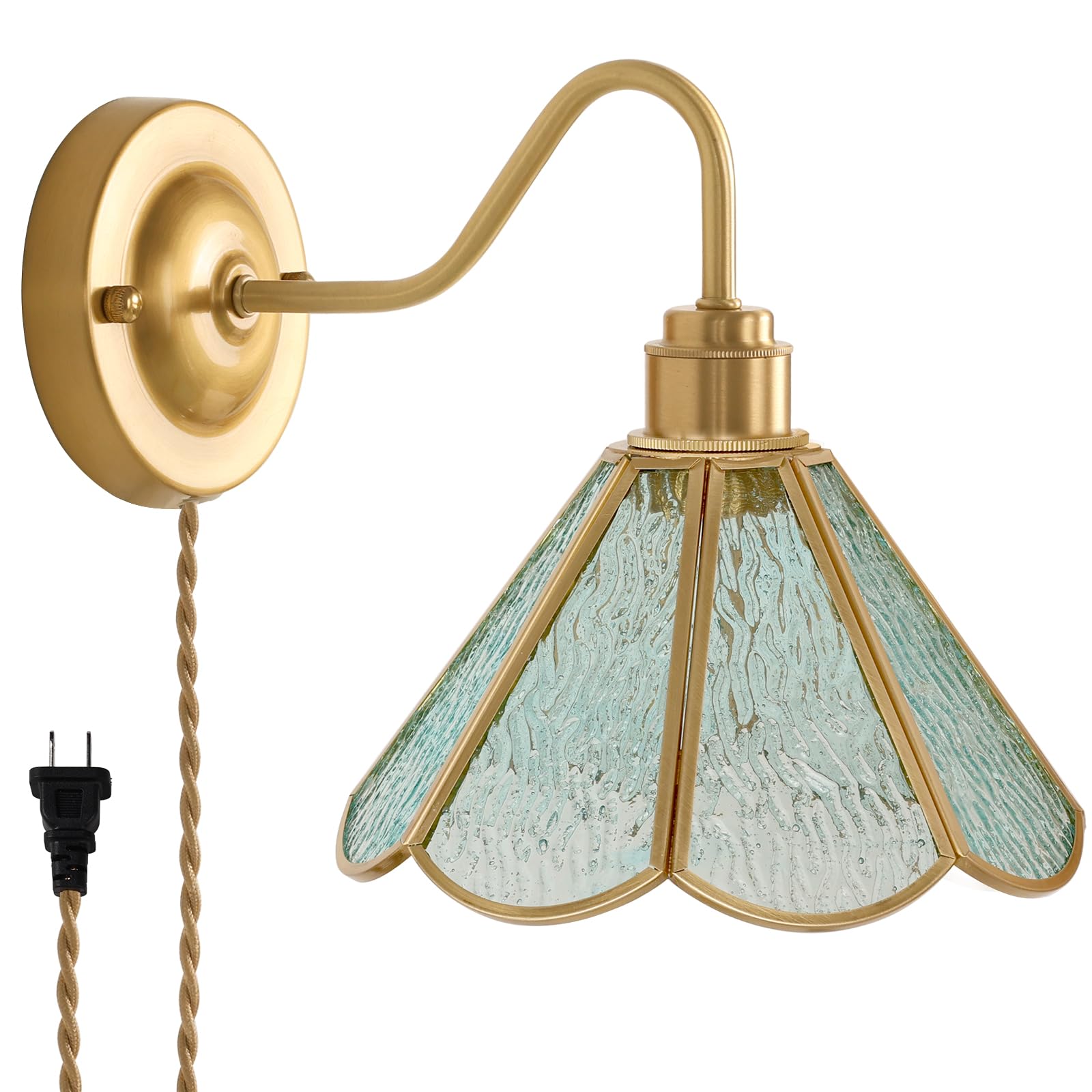 Wall Sconce, Wall Mounted Lamps with Green Checker Sconce, Stained Glass Shade Brass Wall Lights Fixture with Plug in Cord and Switch for Bedroom Bathroom Living Room Hallway