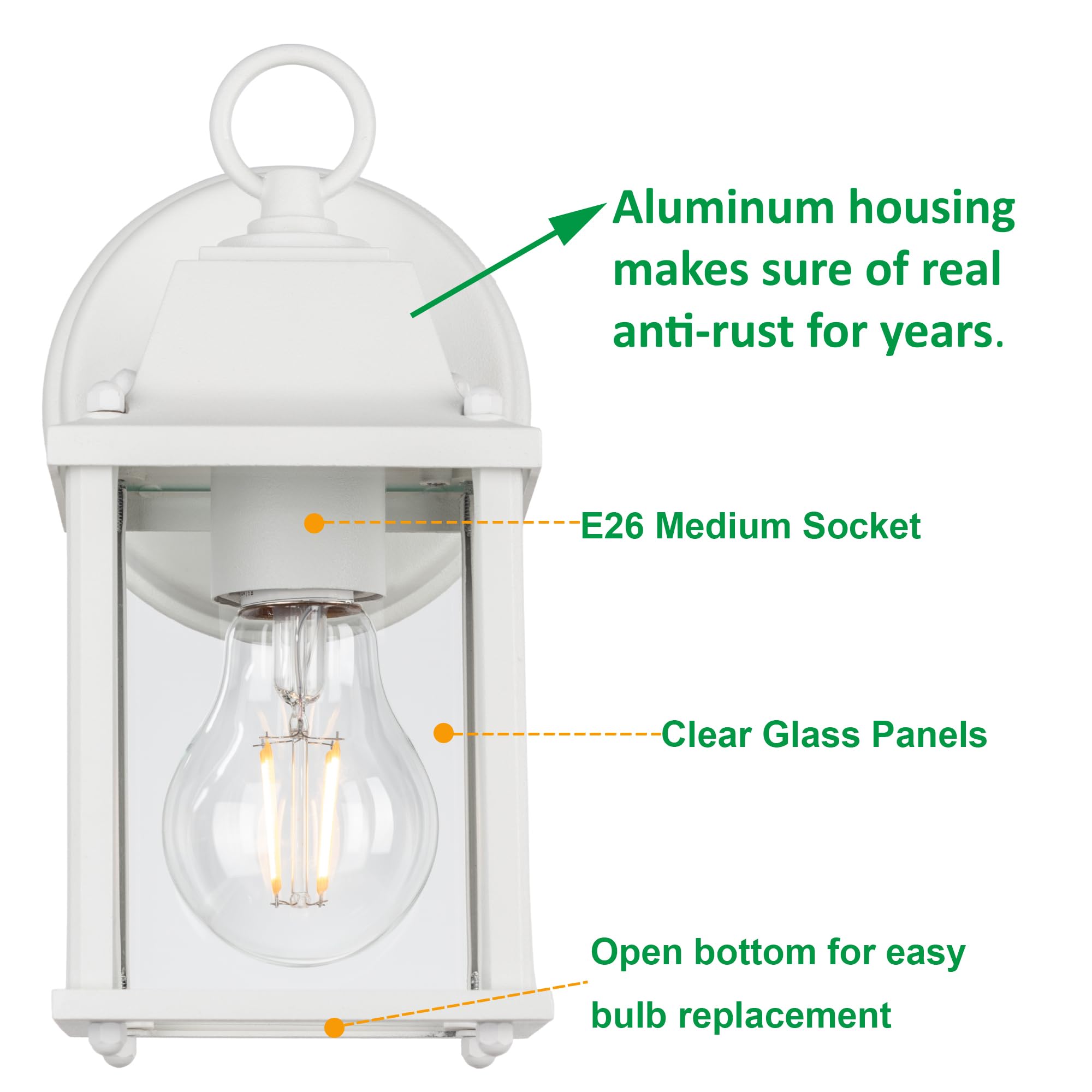 Outdoor Wall Lantern, Wall Sconce as Porch Lighting Fixture, E26 Base 60W Max., Aluminum Housing Plus Glass, Water-Proof and Outdoor Rated, ETL Qualified, 2-Pack, White