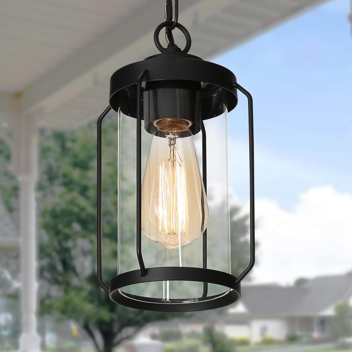 Outdoor Pendant Lights, Black Outdoor Pendant Hanging Lights Adjustable Industrial Exterior Porch Light Fixtures Glass Shade for Patio, Entryway, Garden