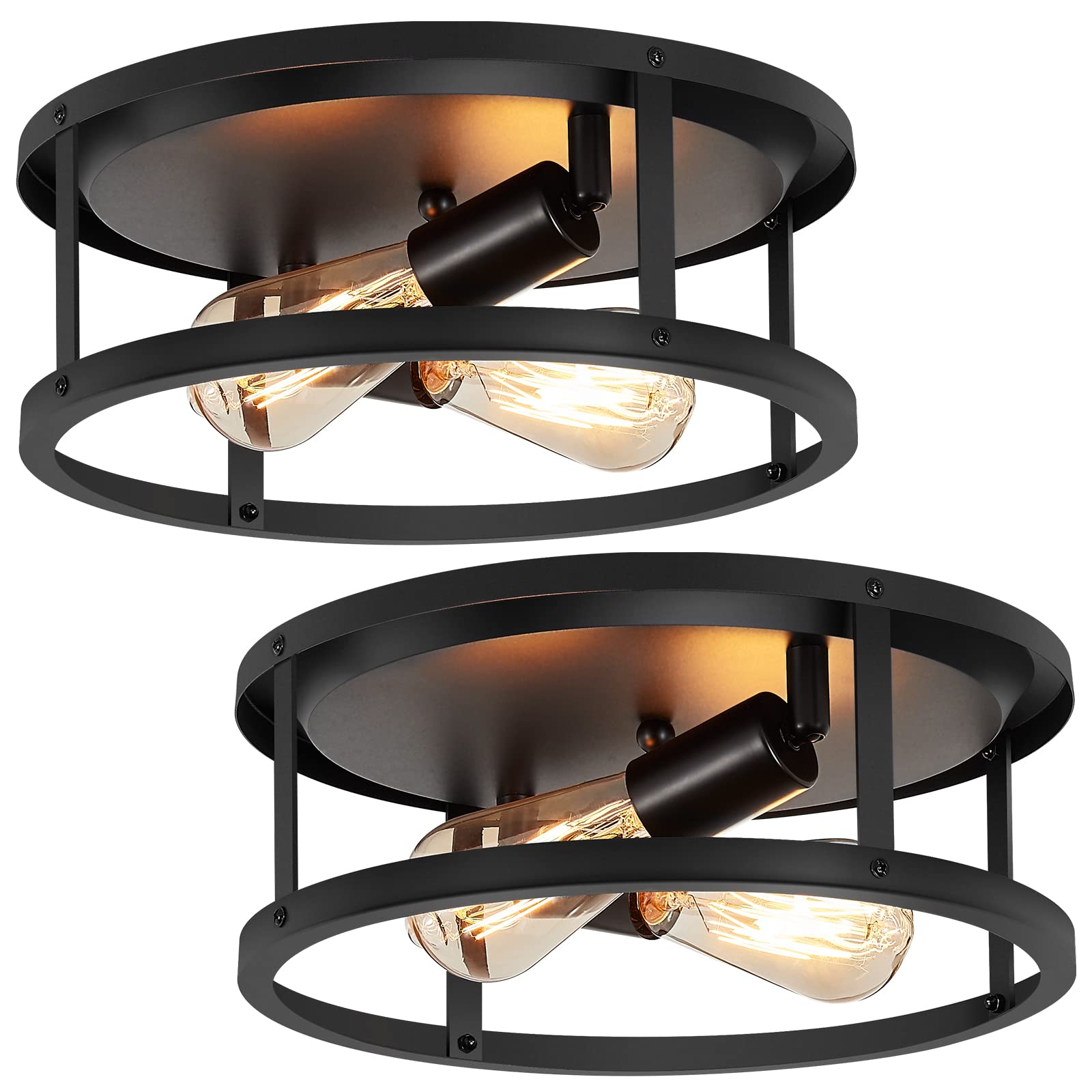 3-Light Semi Flush Mount Ceiling Light,Farmhouse Flush Mount Light Fixture,Industrial Ceiling Light Black Metal Cage Ceiling Lighting for Kitchen Foyer Hallway Entryway 2 Pack