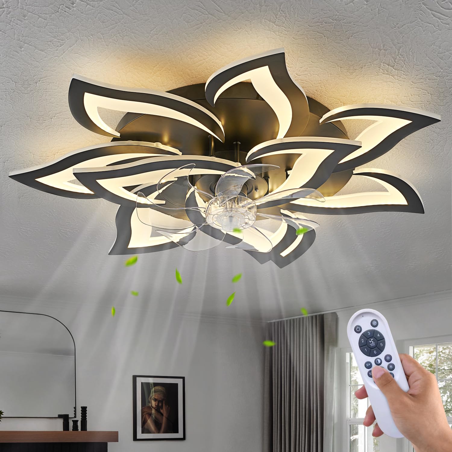 Ceiling Fan with Lights Remote Control, 24" Black, 6 Speeds 3 Light Color Low Profile Flush Mount Ceiling Fan for Kitchen Bedroom