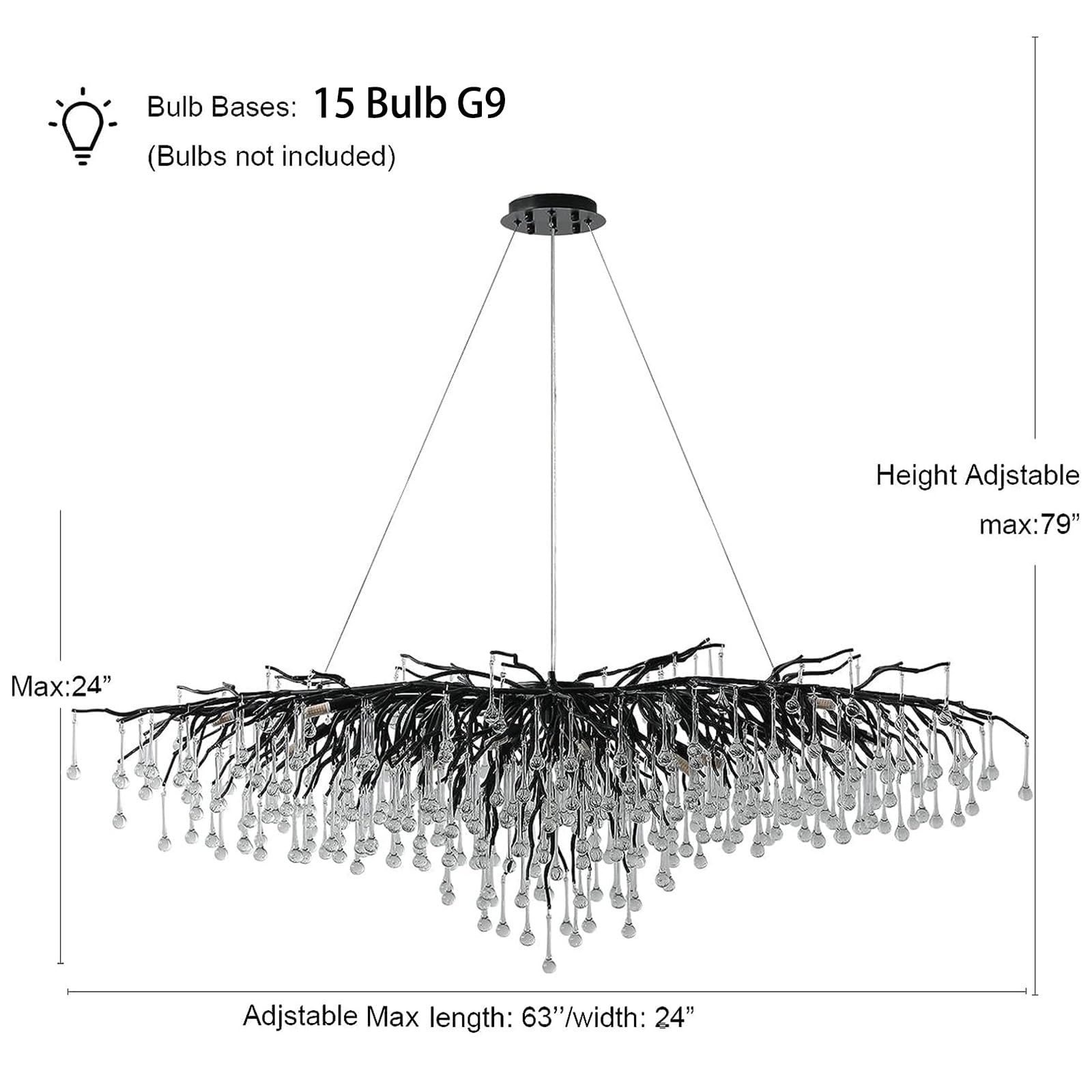 Black Crystal Chandelier, Modern Ceiling Pendant Flower Hanging Lighting Frosted Tree Branch Raindrop Chandelier Light Fixture for Dining Room, Living Room, Bedroom, Entryway (Dia 24" Round)