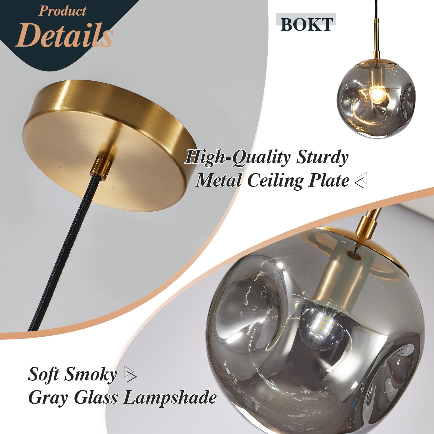 BOKT Modern Gold Kitchen Island Pendant Light Mid Century 3-Lights Globe Pendant Light Fixture Cluster Multi Light Pendant Lighting Bedside Glass Ball Pendant Lamp