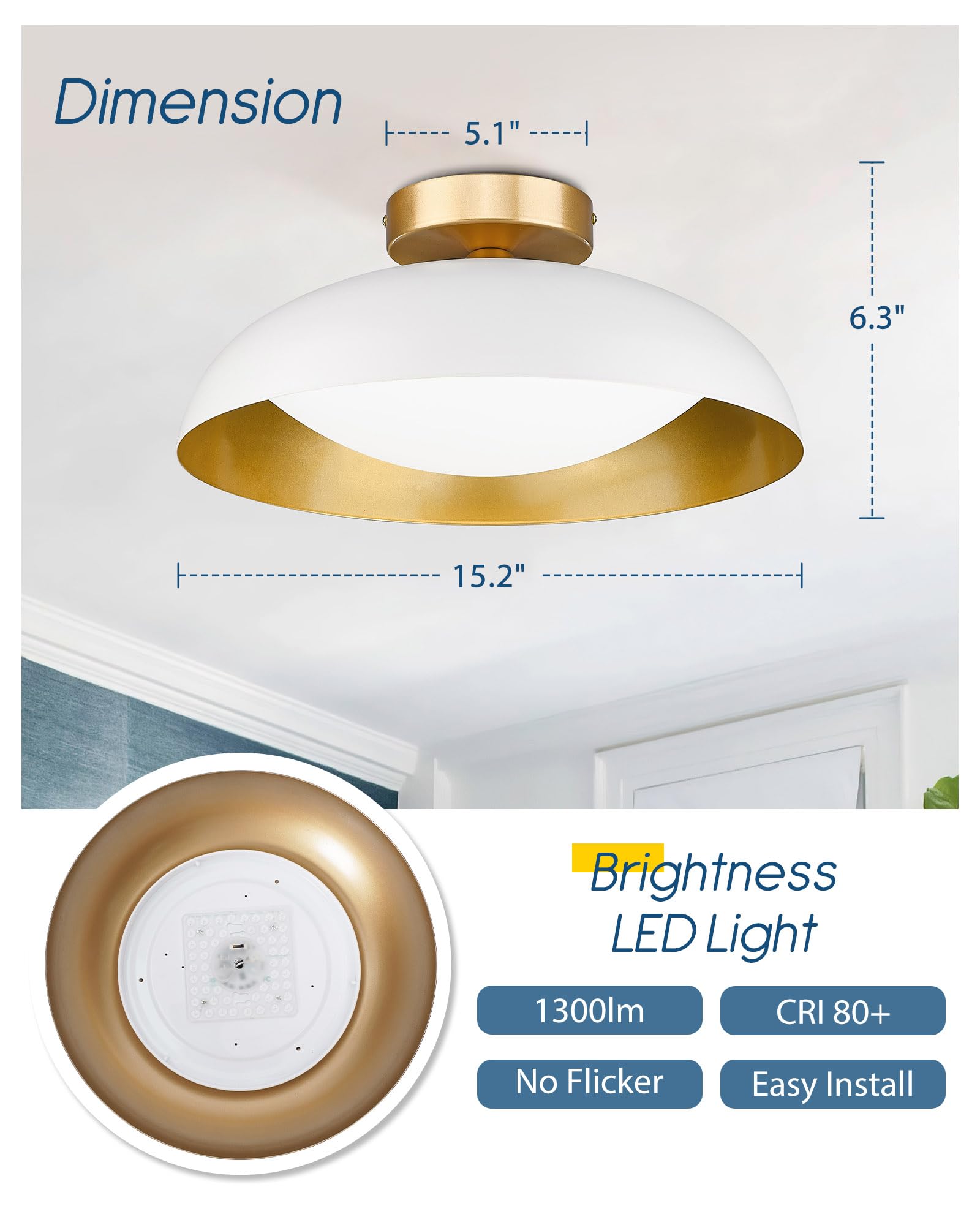 Gold Ceiling Light, 12 Inch LED Semi Flush Mount Ceiling Light Fixture, 12W/700Lm Ceiling Lights for Kitchen, Bathroom, Hallway, 3000K/4000K/6000K Adjustable, KDCL01-GD