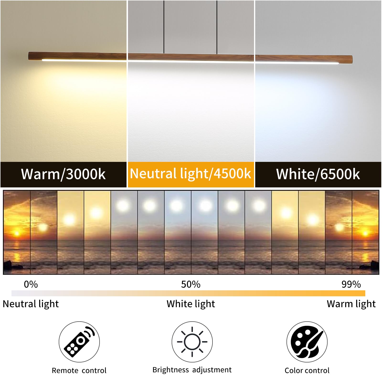 Wooden Linear Pendant Light, 47" Dimmable Pool Table Island Lights for Kitchen, LED Ceiling Pendant Lamp for Dining Room Billiard Room, Adjustable Height，Natural Ash