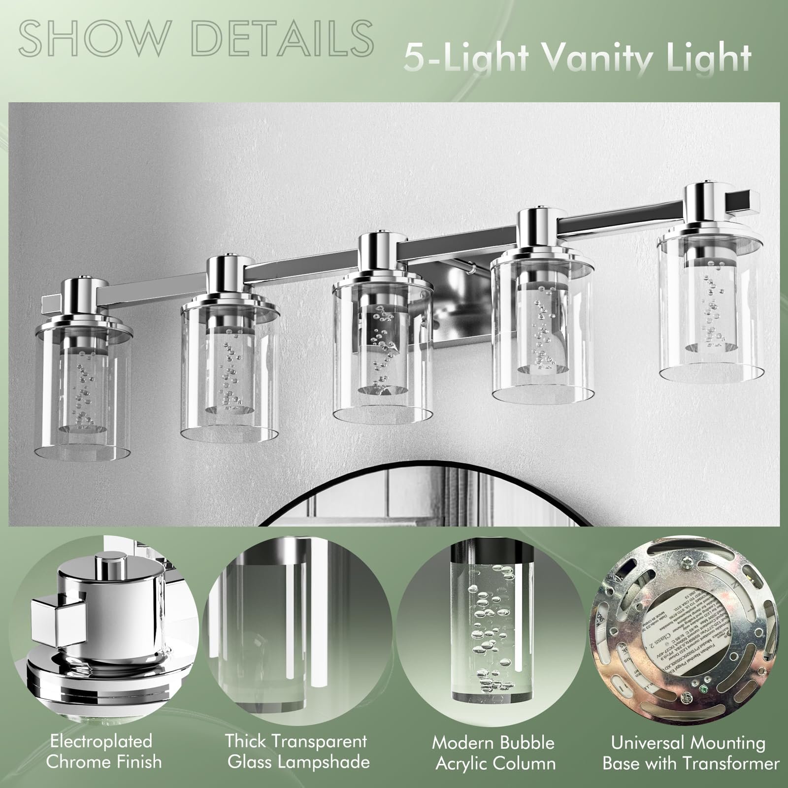 Bathroom Vanity Light Fixtures, 3-Light LED Lighting Fixtures Over Mirror, 5 CCT Modern Chrome Vanity Light for Bathroom with Crystal Bulb Clear Glass Shade Dimmable Bathroom Wall Lamp