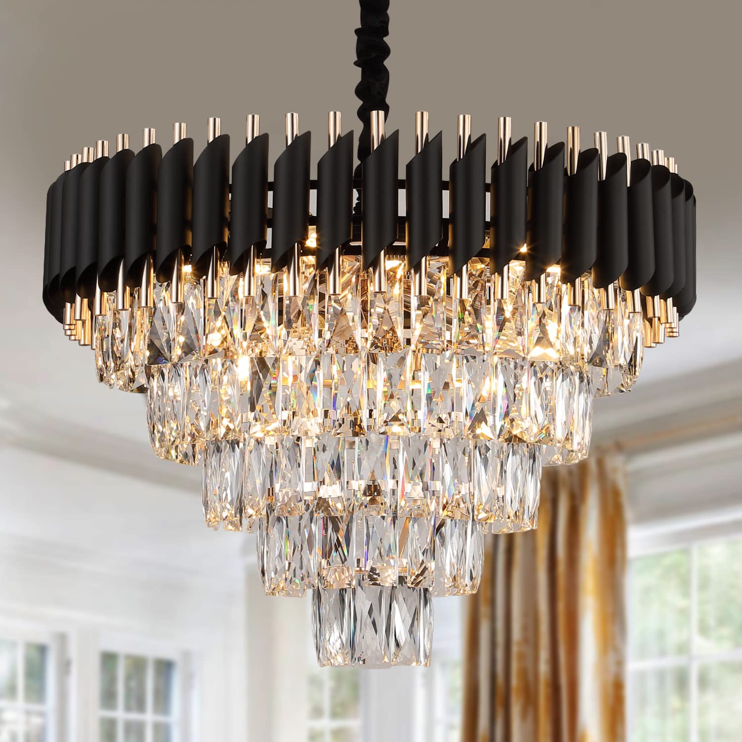 Modern Crystal Chandeliers 3 Tiers Black and Gold Pendant Light Fixtures 16” Round Flush Mount Chandeliers Ceiling Lighting Dimmable for Living Room Dining Room Foyer Bedroom Kitchen