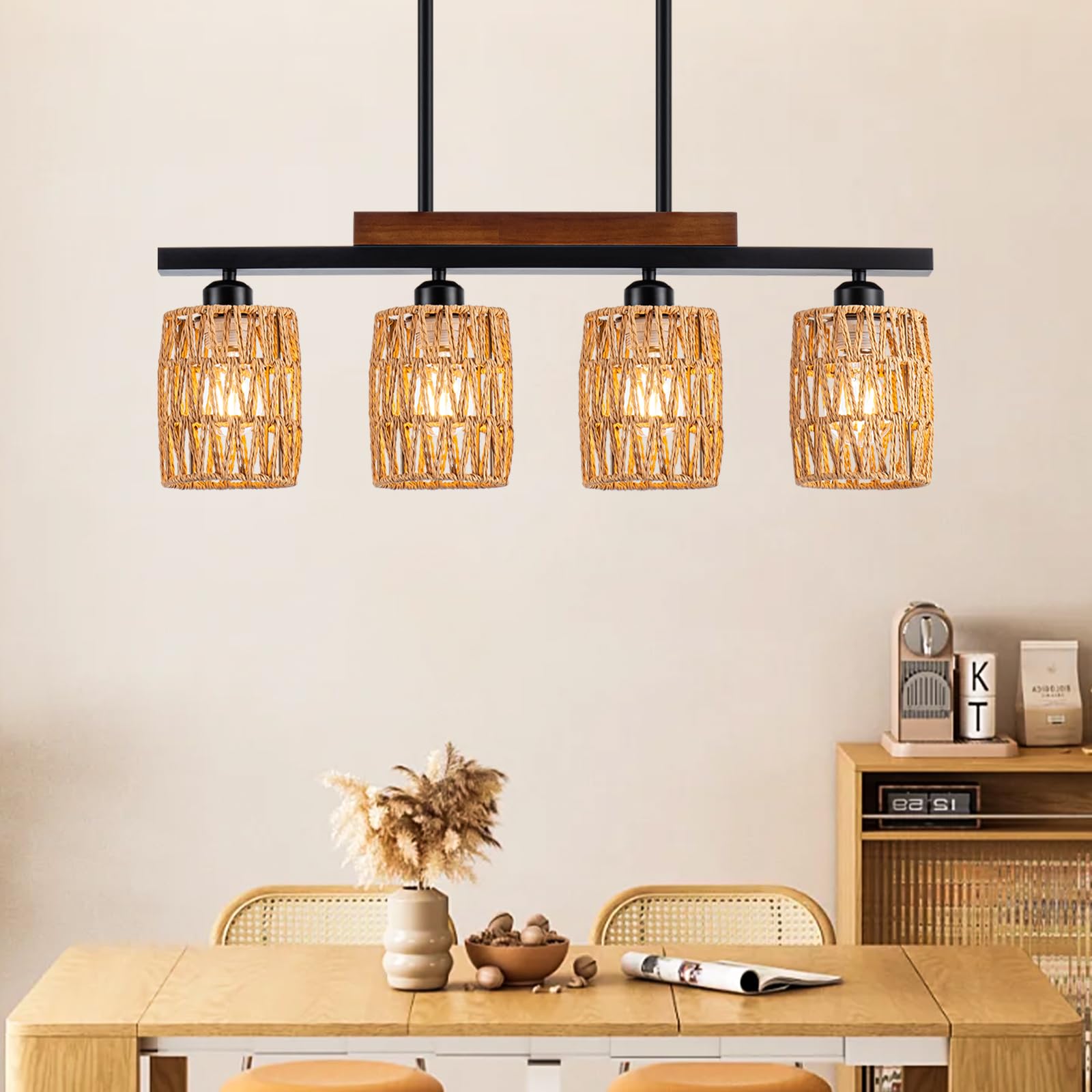 Rattan Kitchen Island Light Fixture, 5 Lights Boho Rectangle Pendant Lights for Dining Room, Farmhouse Chandeliers Over Table, Modern Ceiling Hanging Kitchen Light Fixtures, Height Adjustable