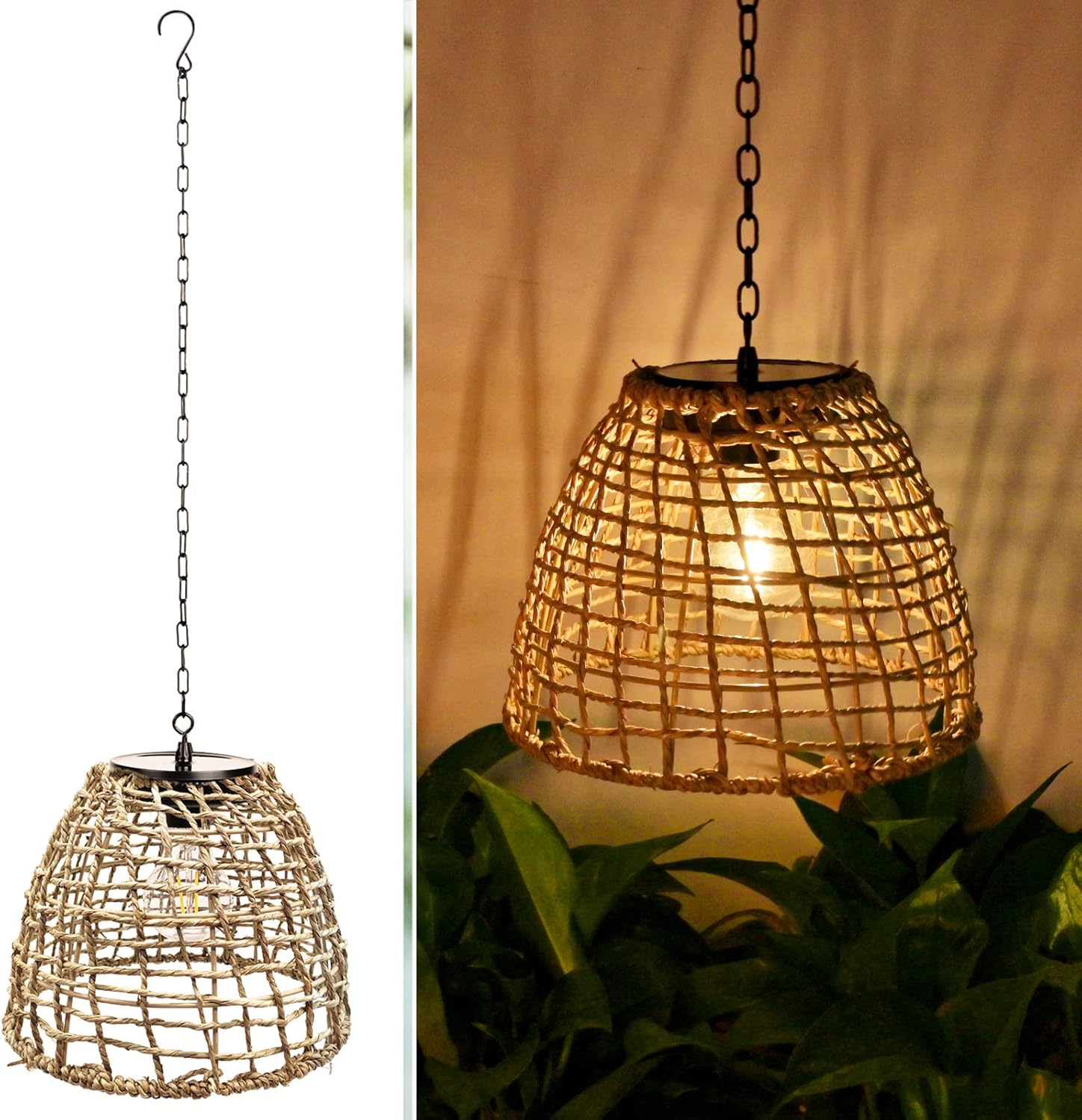 Battery Operated Outdoor Hanging Light Seagrass Woven Waterproof Porch Gazebo Patio Pendant Lantern Chandelier Lighting Decorative Hollow-Out Auto On/Off Warm White Bulb